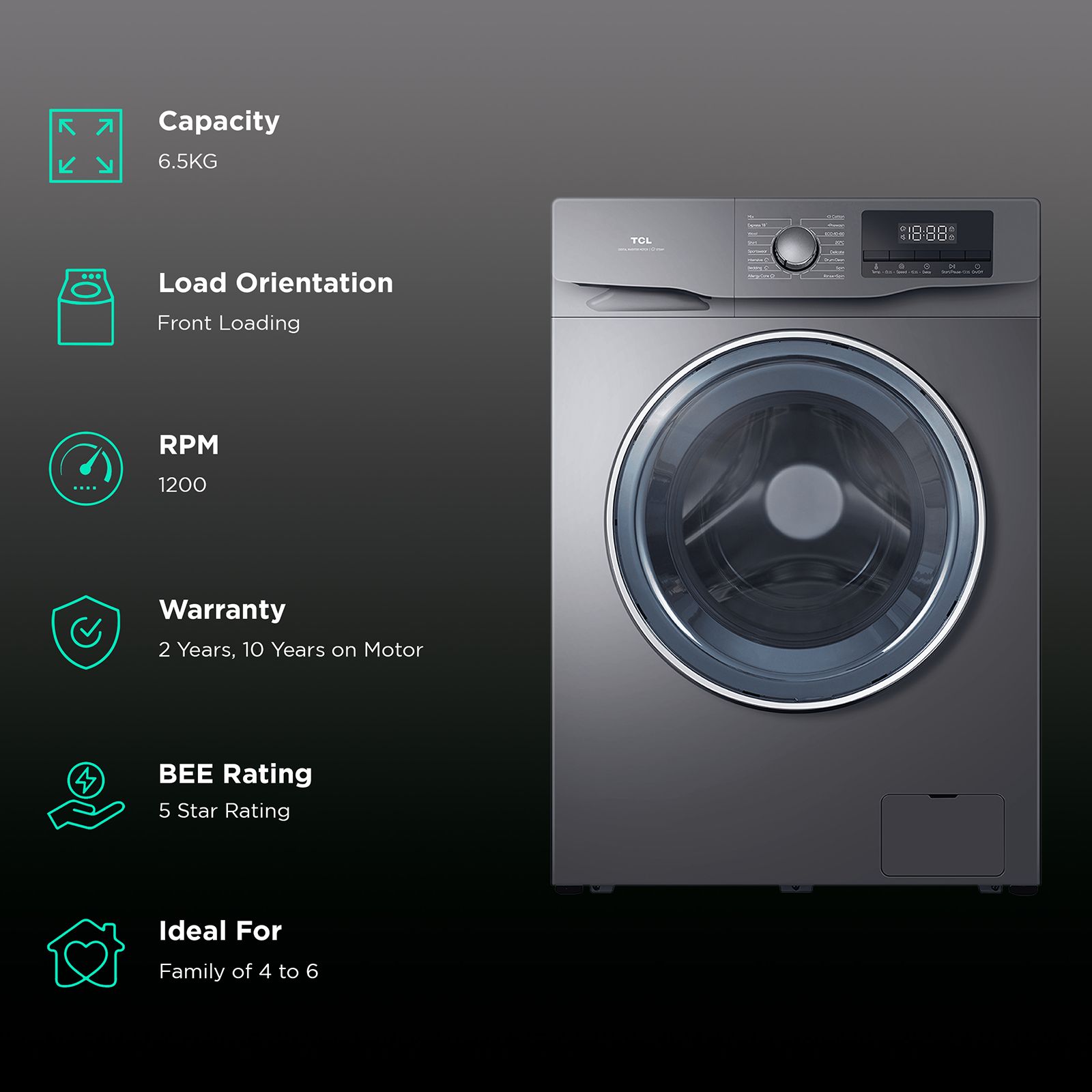 TCL 6.5 kg 5 Star Fully Automatic Front Load Washing Machine (P061, P6065FLS, BLDC Inverter Motor, Dark Silver) TCL 6.5 kg 5 Star Fully Automatic Front Load Washing Machine (P061, P6065FLS, BLDC Inverter Motor, Dark Silver)_2