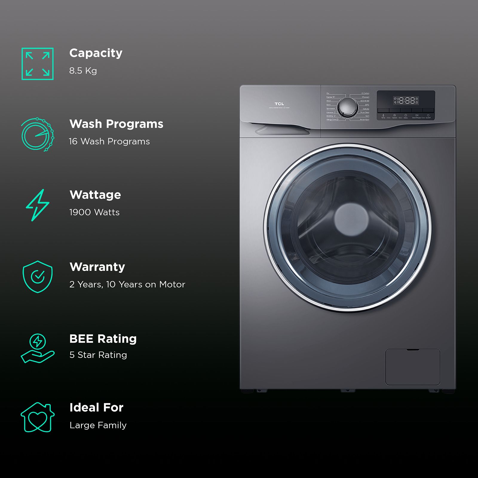 TCL 8.5 kg 5 Star Fully Automatic Front Load Washing Machine (P061, P6085FLS, BLDC Inverter Motor, Dark Silver) TCL 8.5 kg 5 Star Fully Automatic Front Load Washing Machine (P061, P6085FLS, BLDC Inverter Motor, Dark Silver)_2