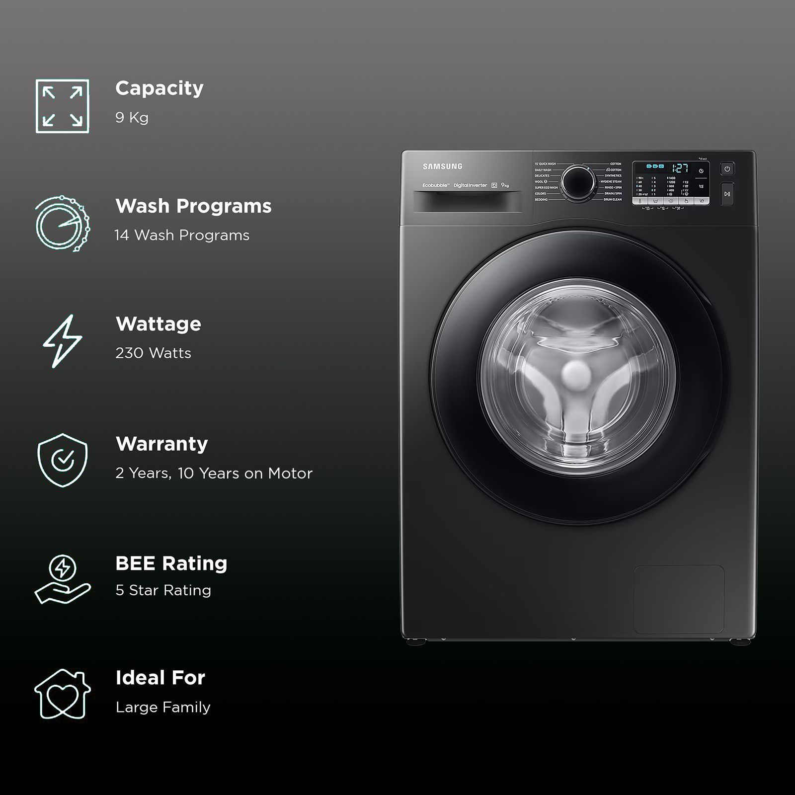 SAMSUNG 9 kg 5 Star Inverter Fully Automatic Front Load Washing Machine (WW90TA046AB1TL, Hygiene Steam, Diamond Drum, Black) SAMSUNG 9 kg 5 Star Inverter Fully Automatic Front Load Washing Machine (WW90TA046AB1TL, Hygiene Steam, Diamond Drum, Black)_2