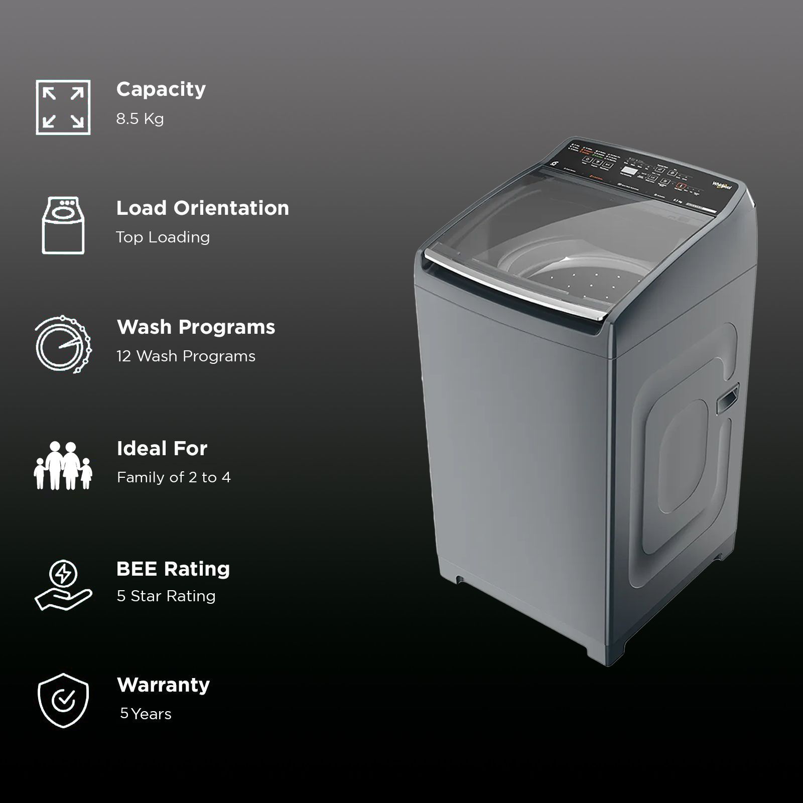 Whirlpool 8.5 kg 5 Star Fully Automatic Top Load Washing Machine (Stainwash Pro Plus, 31639, In-built Heater, Midnight Grey) Whirlpool 8.5 kg 5 Star Fully Automatic Top Load Washing Machine (Stainwash Pro Plus, 31639, In-built Heater, Midnight Grey)_2