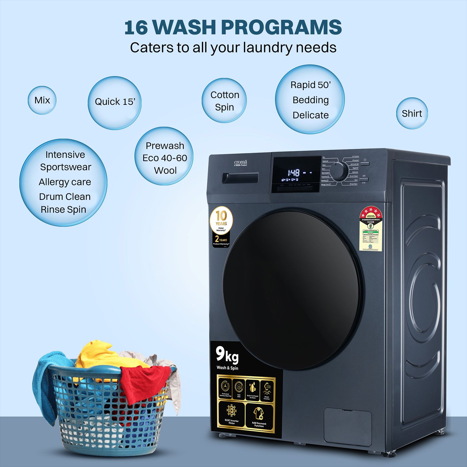 Croma 9 kg 5 Star Inverter Fully Automatic Front Load Washing Machine (CRLW090FLF316253, BLDC Invertor Motor, Polar Blue)_12