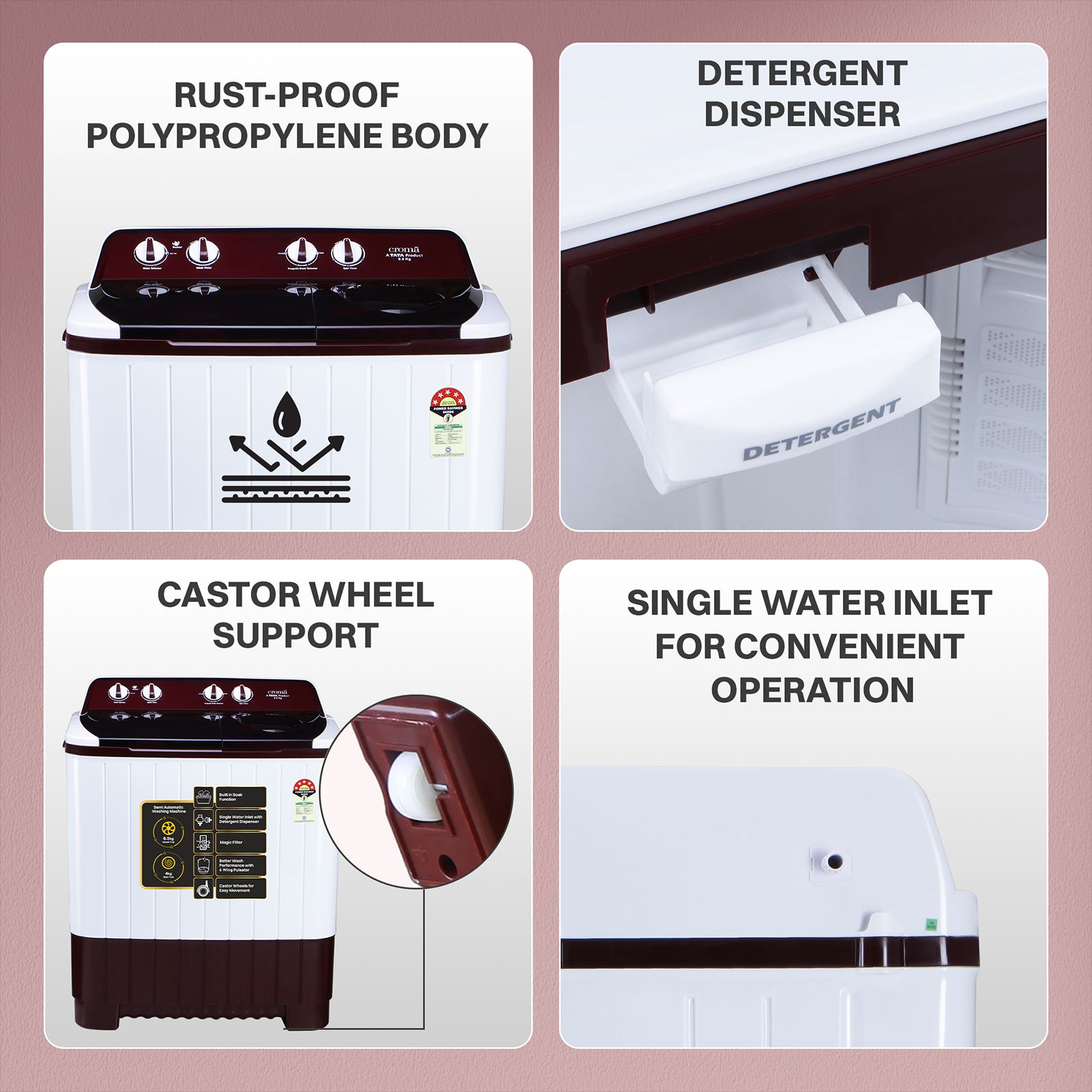 Croma 6.5 kg 5 Star Semi Automatic Washing Machine with Built-in Soak Function (2025 Model, Burgundy)_9
