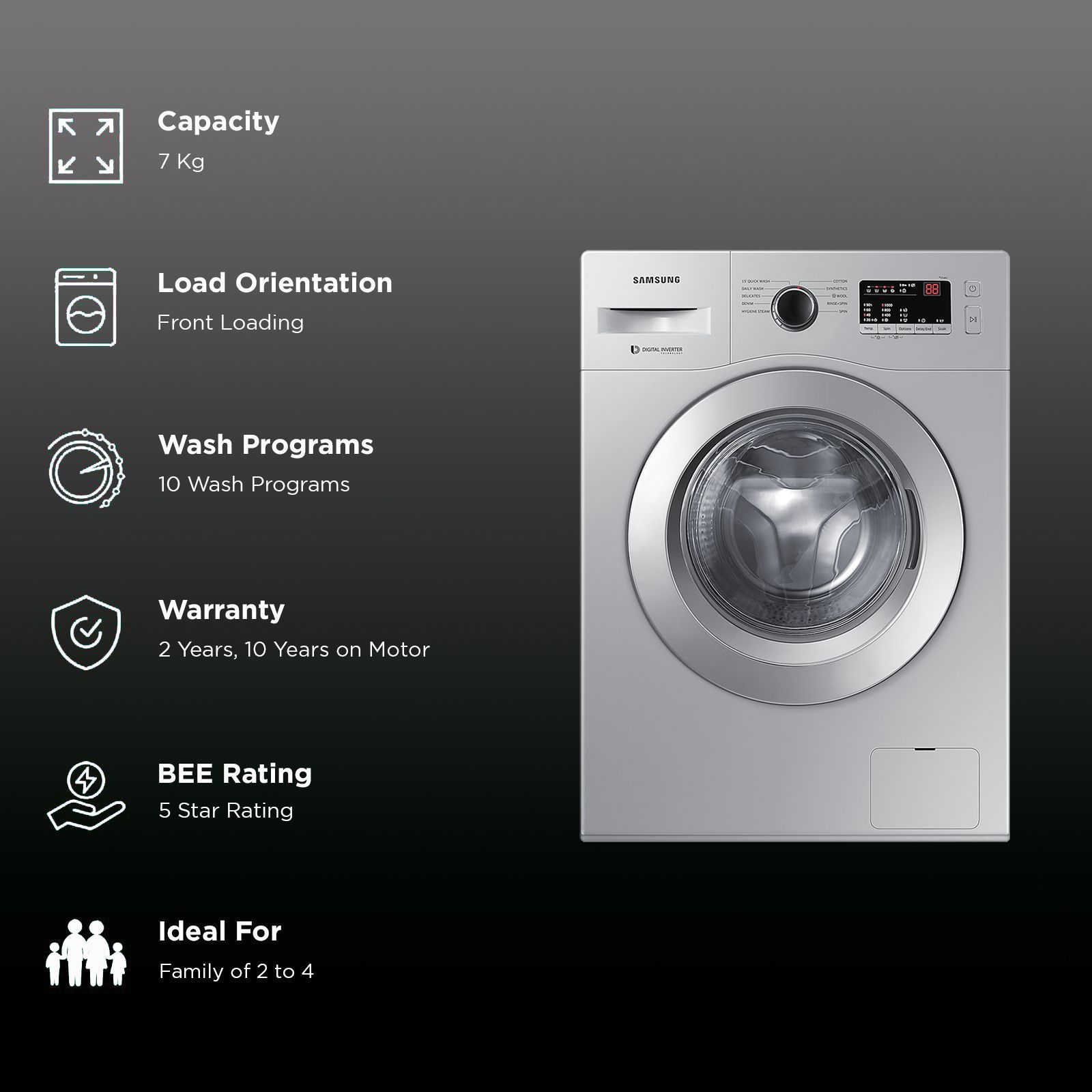 SAMSUNG 7 kg 5 Star Fully Automatic Front Load Washing Machine (WW70R20GLSS/TL, DIT Motor, Silver) SAMSUNG 7 kg 5 Star Fully Automatic Front Load Washing Machine (WW70R20GLSS/TL, DIT Motor, Silver)_2