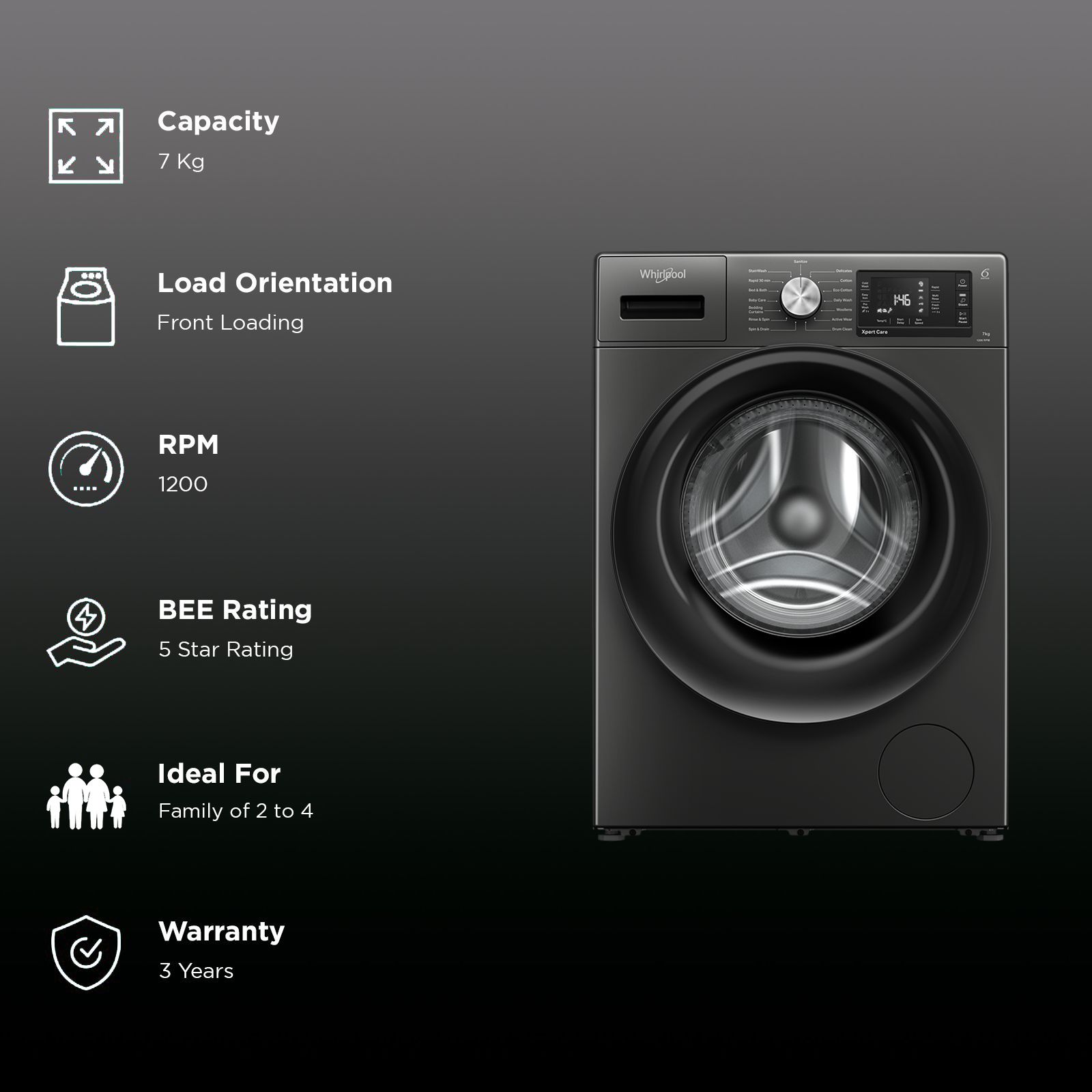 Whirlpool 7 kg 5 Star Inverter Fully Automatic Front Load Washing Machine (XPERT CARE STEAM, XS7012BYM53E, In-built Heater, Midnight Grey) Whirlpool 7 kg 5 Star Inverter Fully Automatic Front Load Washing Machine (XPERT CARE STEAM, XS7012BYM53E, In-built Heater, Midnight Grey)_2