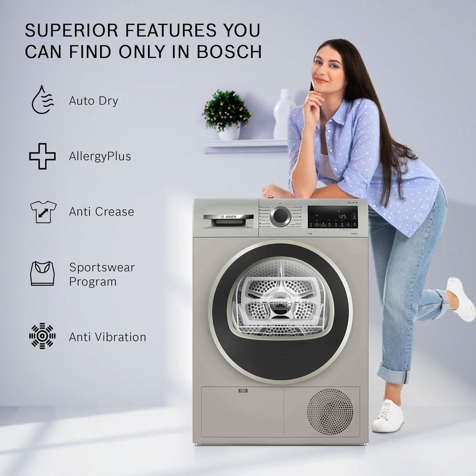 BOSCH 9 kg Fully Automatic Front Load Dryer (Series 4, WPG24108IN, In-Built Heater, Silver Inox)_8