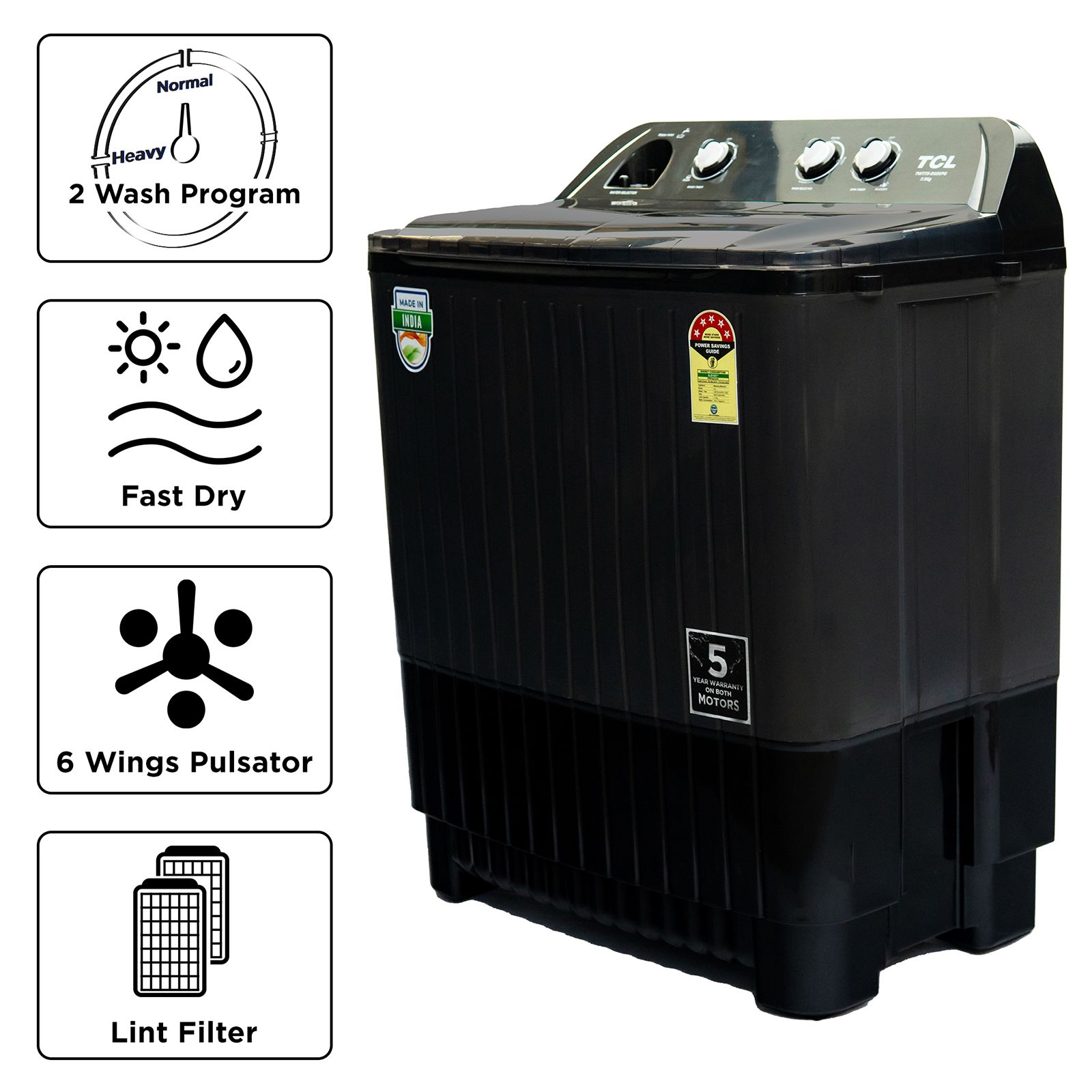TCL 7.5 kg 5 Star Semi Automatic Washing Machine with six-wing pulsator (T101-D75PG, Grey)_13