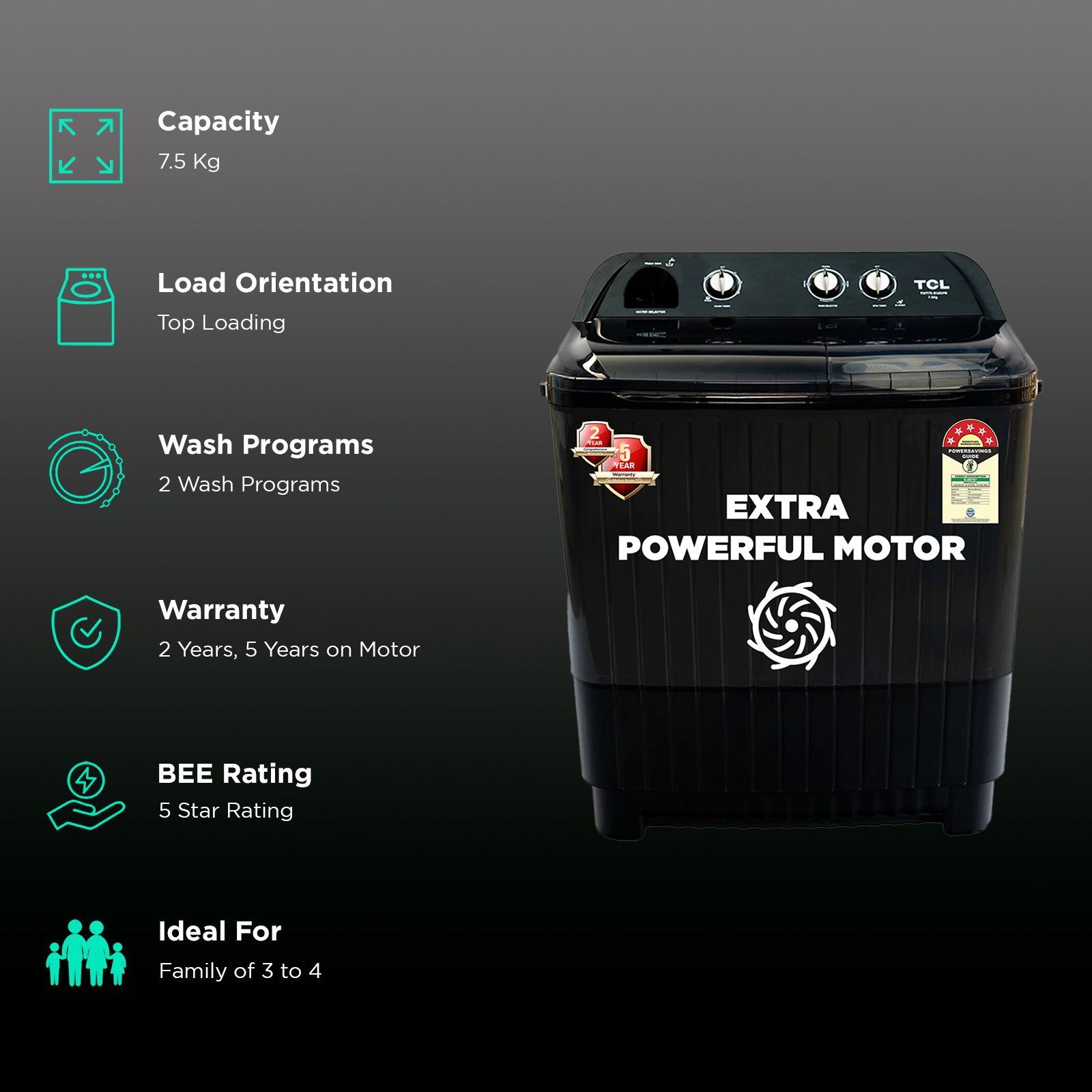 TCL 7.5 kg 5 Star Semi Automatic Washing Machine with six-wing pulsator (T101-D75PG, Grey)_2