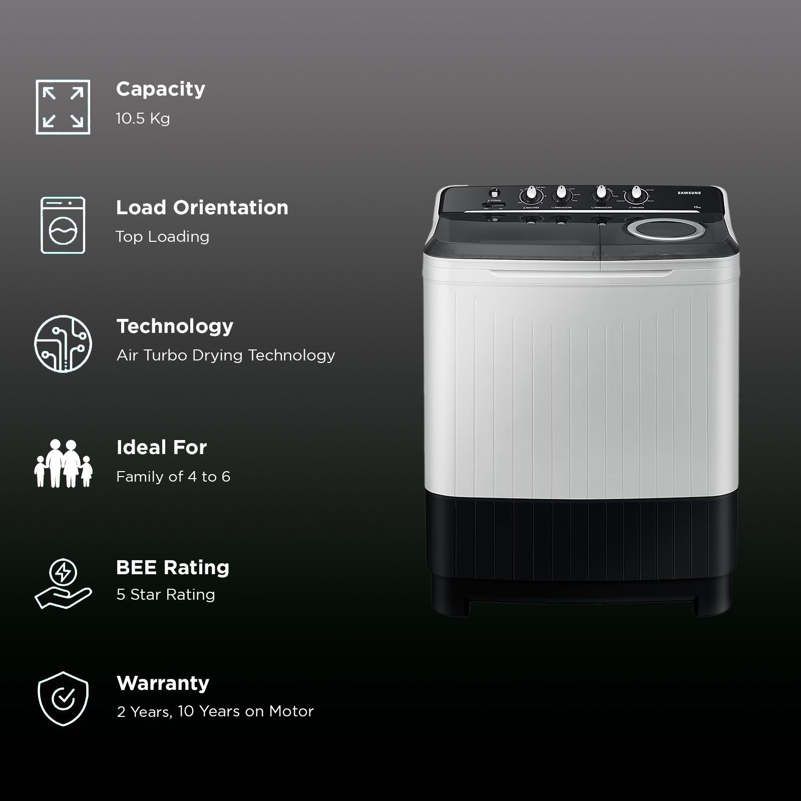 SAMSUNG 10.5 kg 5 Star Semi Automatic Washing Machine with Hexa Storm Pulsator (WT10C4260GG/TL, Light Gray) SAMSUNG 10.5 kg 5 Star Semi Automatic Washing Machine with Hexa Storm Pulsator (WT10C4260GG/TL, Light Gray)_2