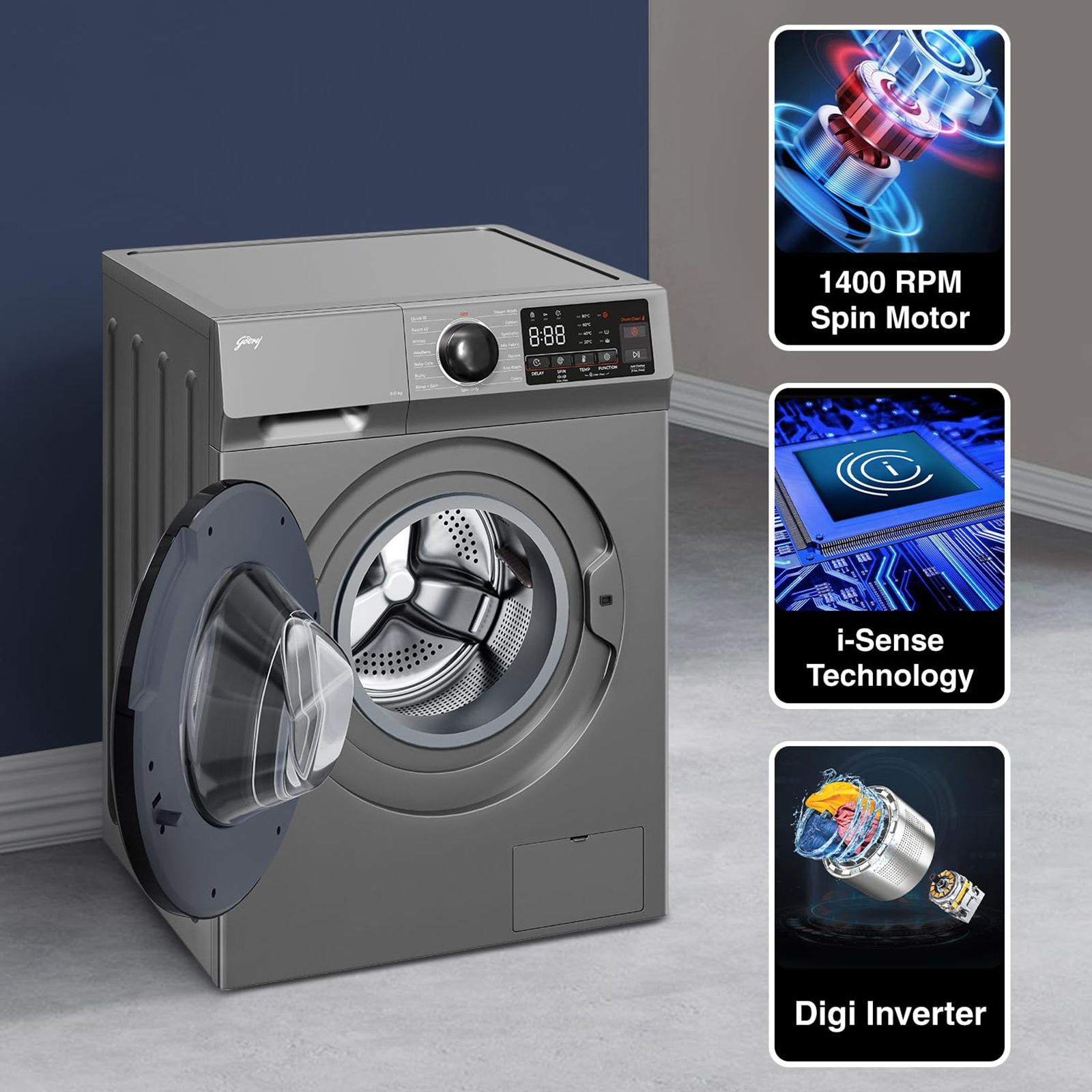 Godrej 9 kg 5 Star Inverter Fully Automatic Front Load Washing Machine (Eon Celesta, WFEON CEL 9014 IEBT SLSR, In-built Heater, Silver Stream) Godrej 9 kg 5 Star Inverter Fully Automatic Front Load Washing Machine (Eon Celesta, WFEON CEL 9014 IEBT SLSR, In-built Heater, Silver Stream)_7