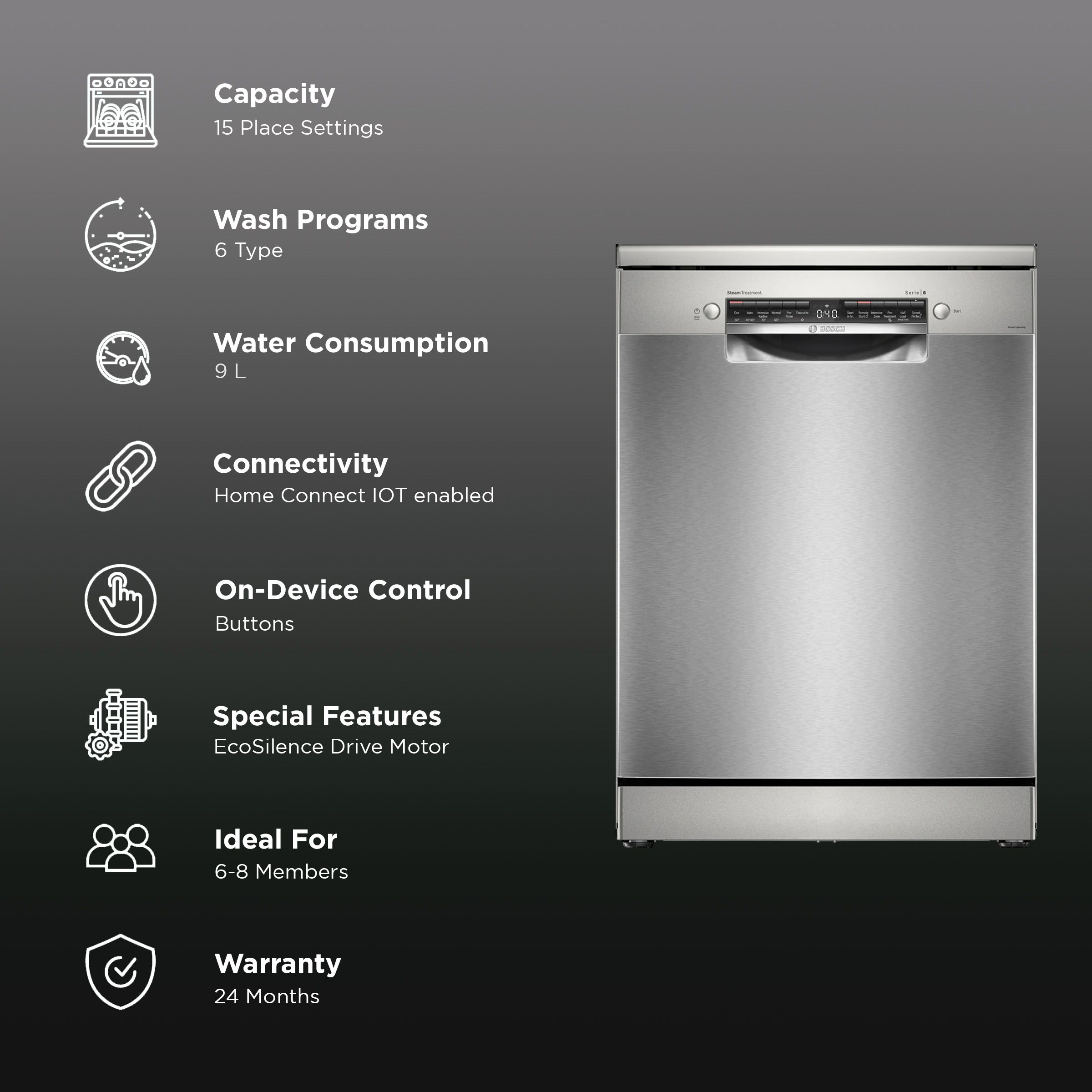 BOSCH Series 6 15 Place Settings Free Standing Dishwasher with Anti-Fingerprint (No Pre-rinse Required, Silver Inox)_3