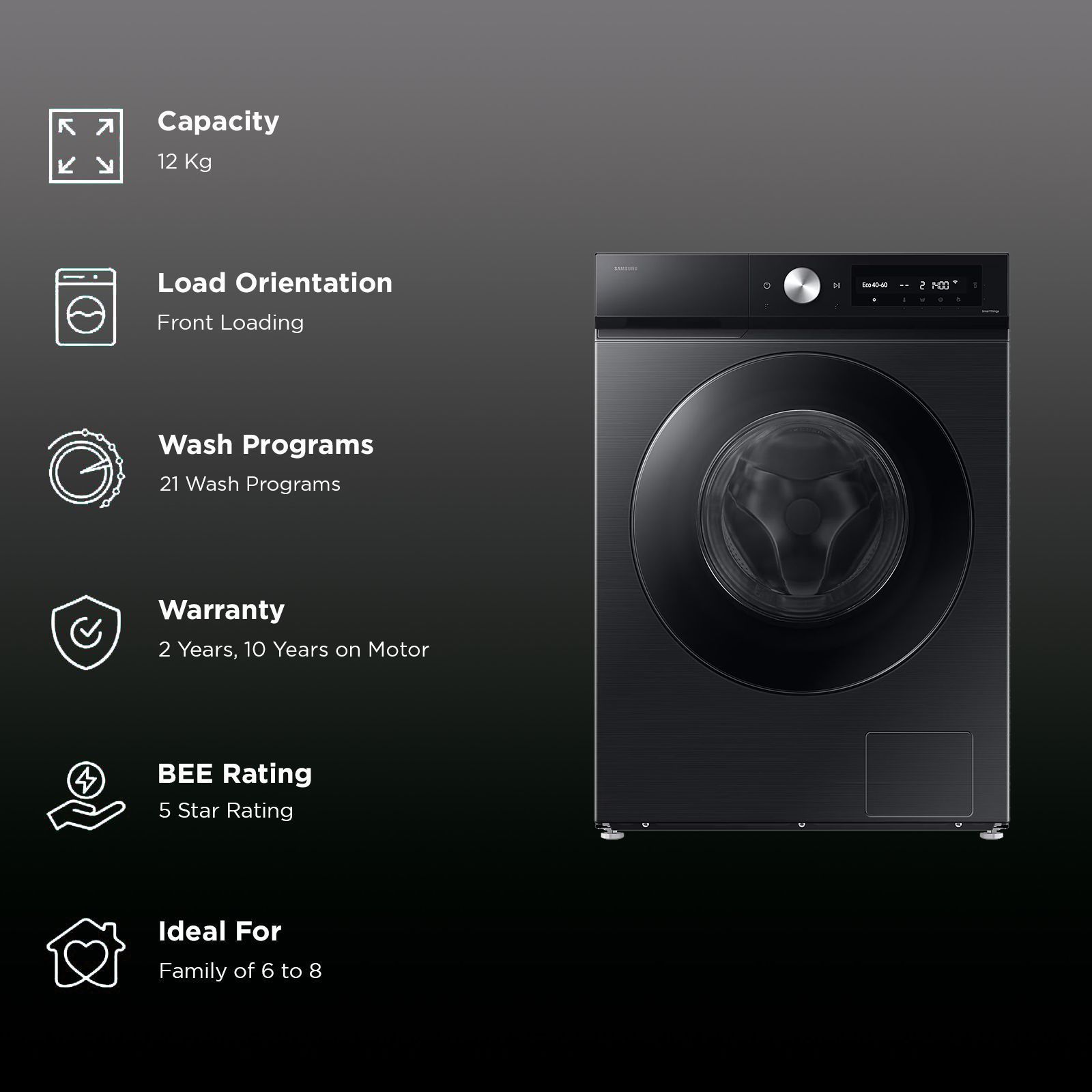 SAMSUNG 12 kg 5 Star Wi-Fi Inverter Fully Automatic Front Load Washing Machine (WW12DB7B24GBTL, AI Control, Black)_1