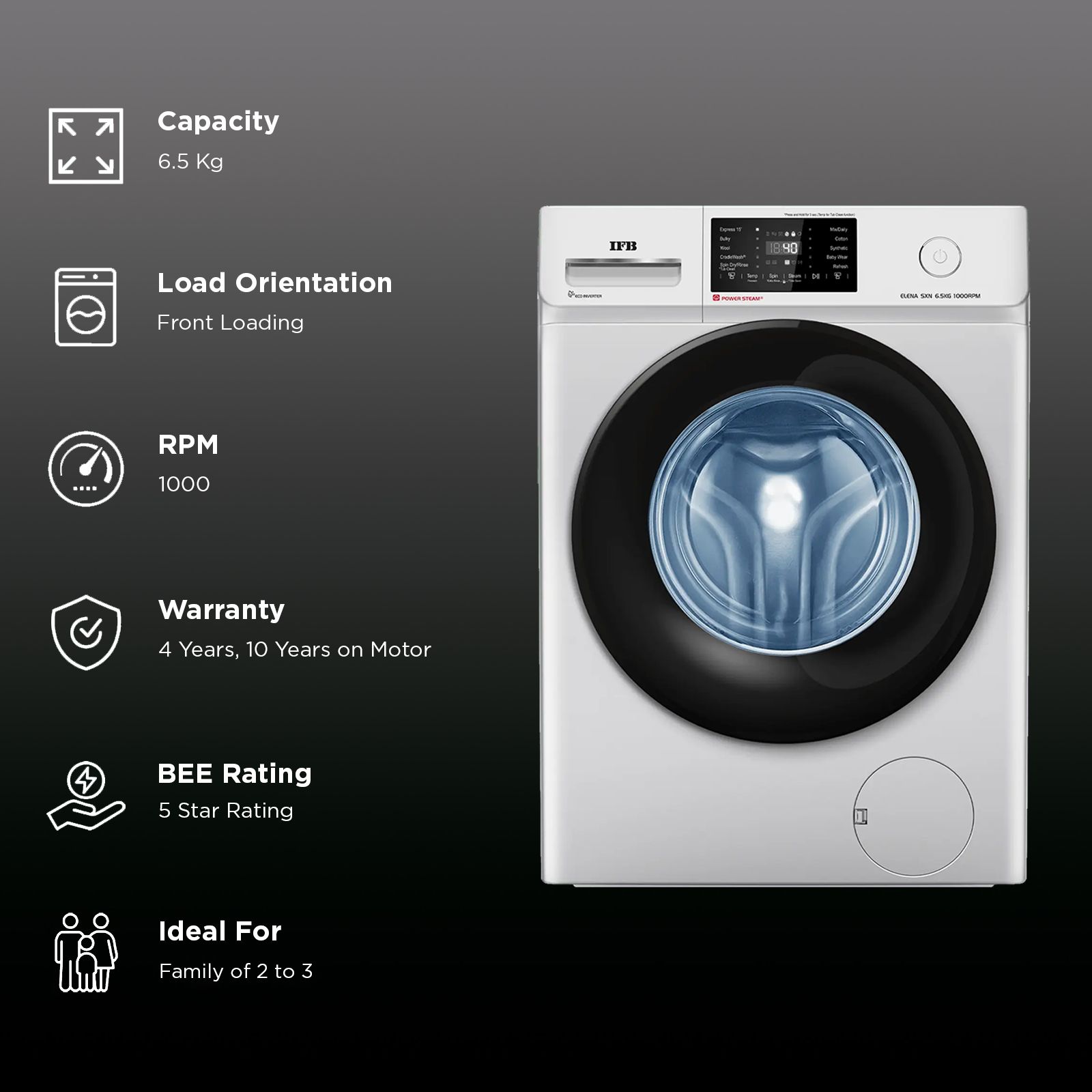 IFB 6.5 kg 5 Star Inverter Fully Automatic Front Load Washing Machine (Elena SXN 6510, Eco Inverter Motor, Rich Silver) IFB 6.5 kg 5 Star Inverter Fully Automatic Front Load Washing Machine (Elena SXN 6510, Eco Inverter Motor, Rich Silver)_2