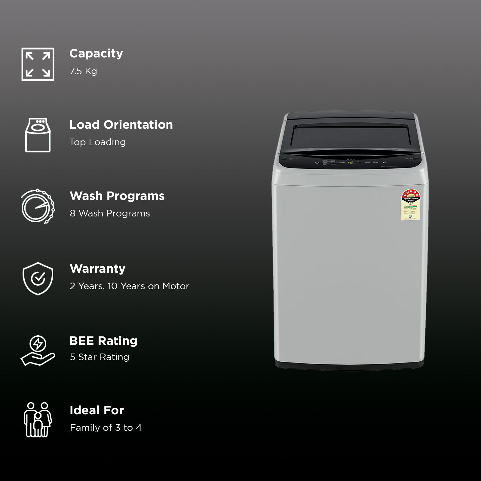 LG 7.5 kg 5 Star Inverter Fully Automatic Top Load Washing Machine (T75VBSF1Z, Smart Inverter Motor, Middle Free Silver)_3