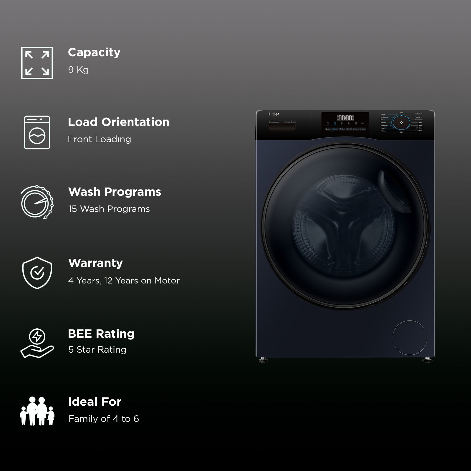 Haier 9 kg 5 Star Fully Automatic Front Load Washing Machine (929, HW90-DM14929ECBK, Anti Bacterial Technology, Black) Haier 9 kg 5 Star Fully Automatic Front Load Washing Machine (929, HW90-DM14929ECBK, Anti Bacterial Technology, Black)_3