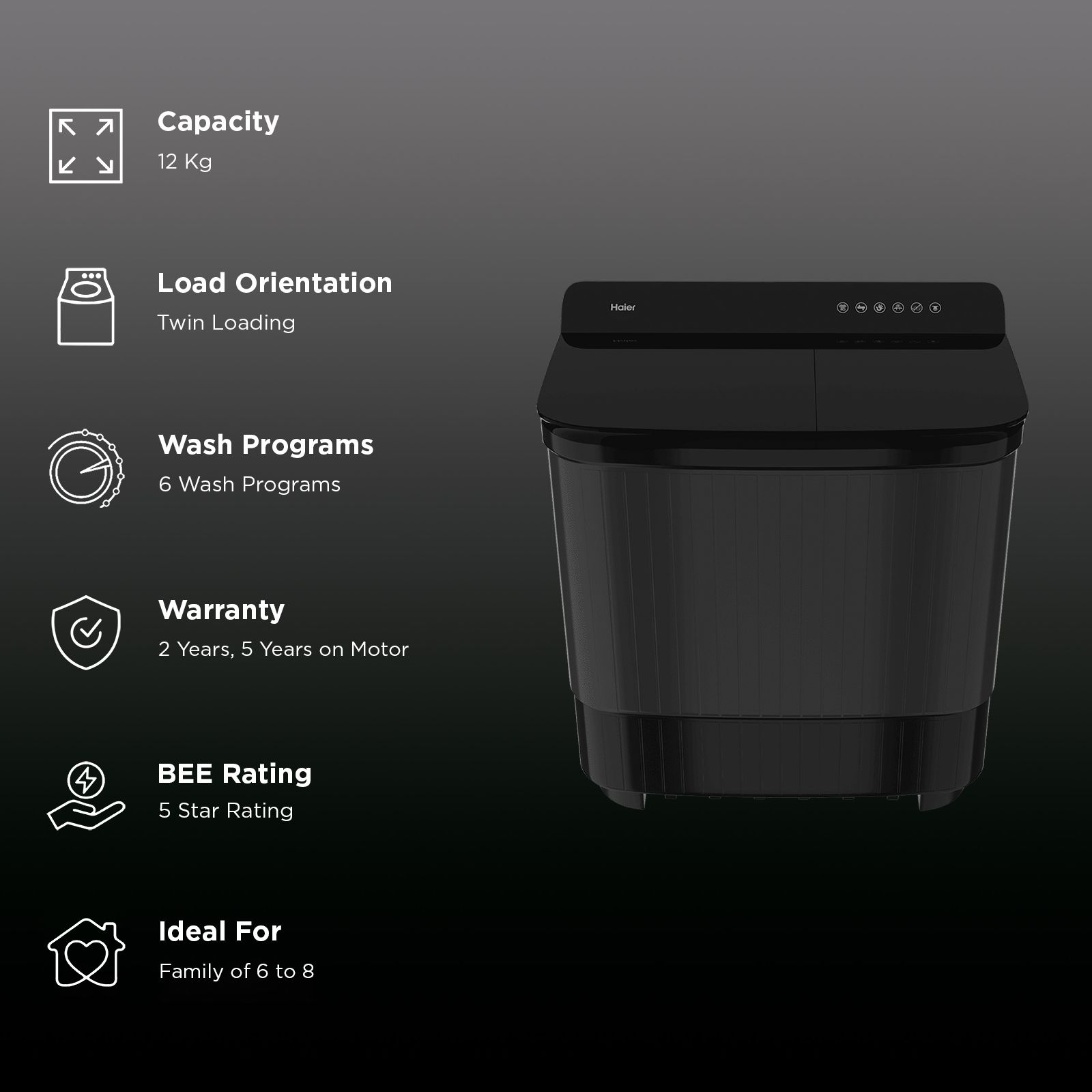 Haier 12 kg 5 Star Semi Automatic Washing Machine with Magic Filter (178, HTW120-178BK, Black) Haier 12 kg 5 Star Semi Automatic Washing Machine with Magic Filter (178, HTW120-178BK, Black)_3