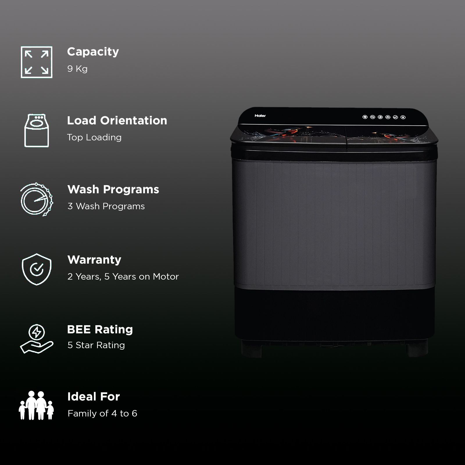 Haier 9 kg Semi Automatic Washing Machine with Softfall Techonology (HTW90-178FL, Black) Haier 9 kg Semi Automatic Washing Machine with Softfall Techonology (HTW90-178FL, Black)_3