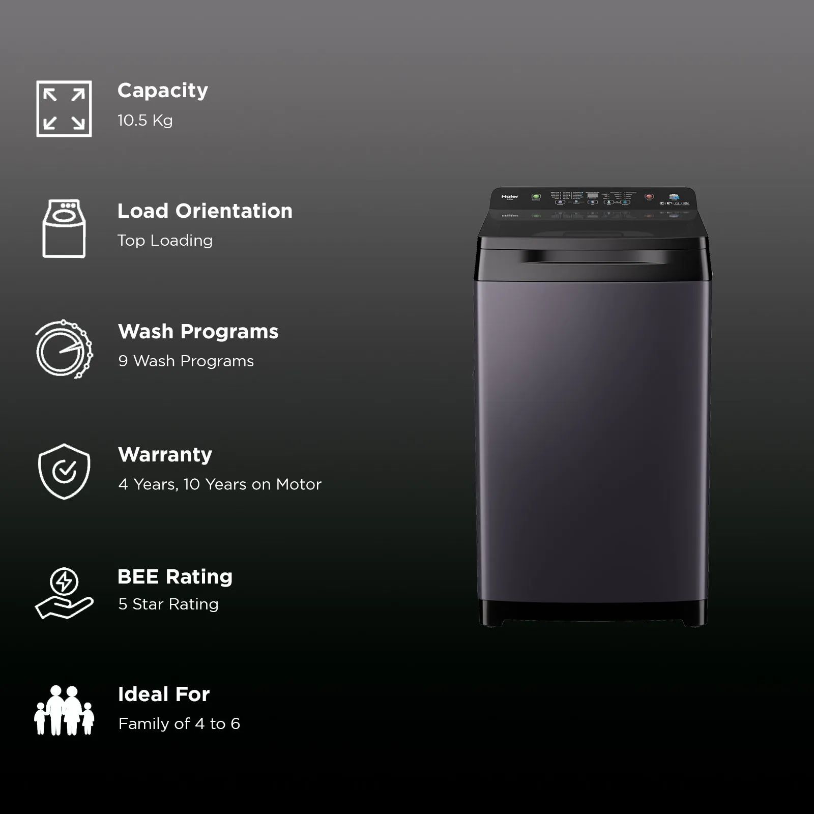 Haier 10.5 kg 5 Star Fully Automatic Top Load Washing Machine (Heater 688, HWM105-H688BK, In Built Heater, Black) Haier 10.5 kg 5 Star Fully Automatic Top Load Washing Machine (Heater 688, HWM105-H688BK, In Built Heater, Black)_2