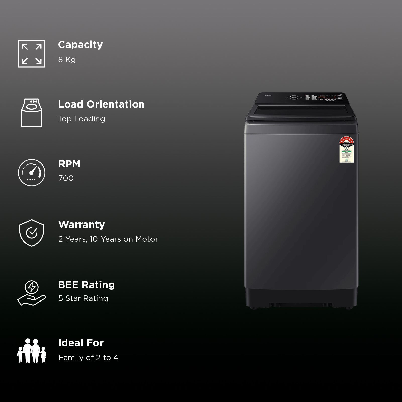 SAMSUNG 8 kg 5 Star Wi-Fi Inverter Fully Automatic Top Load Washing Machine (WA80F08B3BTL, AI VRT+ Technology, Black Caviar)_3