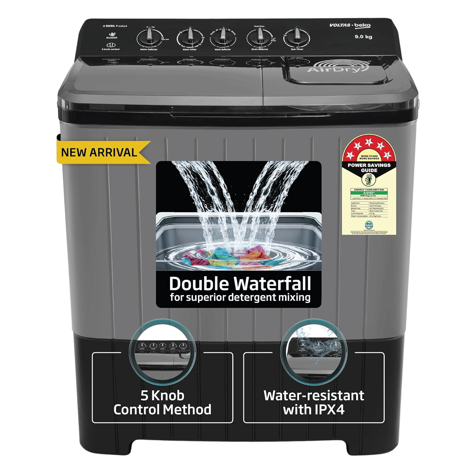 VOLTAS beko 9 kg 5 Star Semi Automatic Washing Machine with Double Waterfall Technology (WTT90UHA, Black) VOLTAS beko 9 kg 5 Star Semi Automatic Washing Machine with Double Waterfall Technology (WTT90UHA, Black)_1