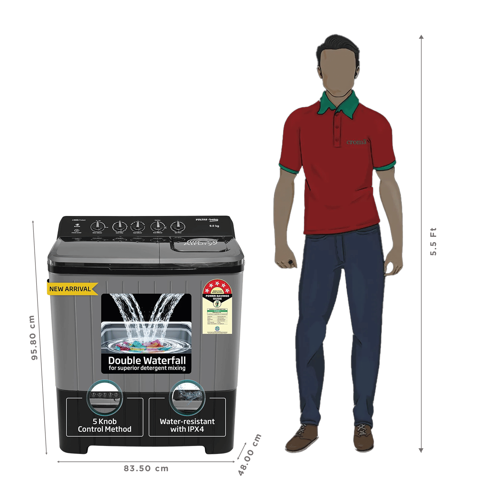 VOLTAS beko 9 kg 5 Star Semi Automatic Washing Machine with Double Waterfall Technology (WTT90UHA, Black) VOLTAS beko 9 kg 5 Star Semi Automatic Washing Machine with Double Waterfall Technology (WTT90UHA, Black)_3