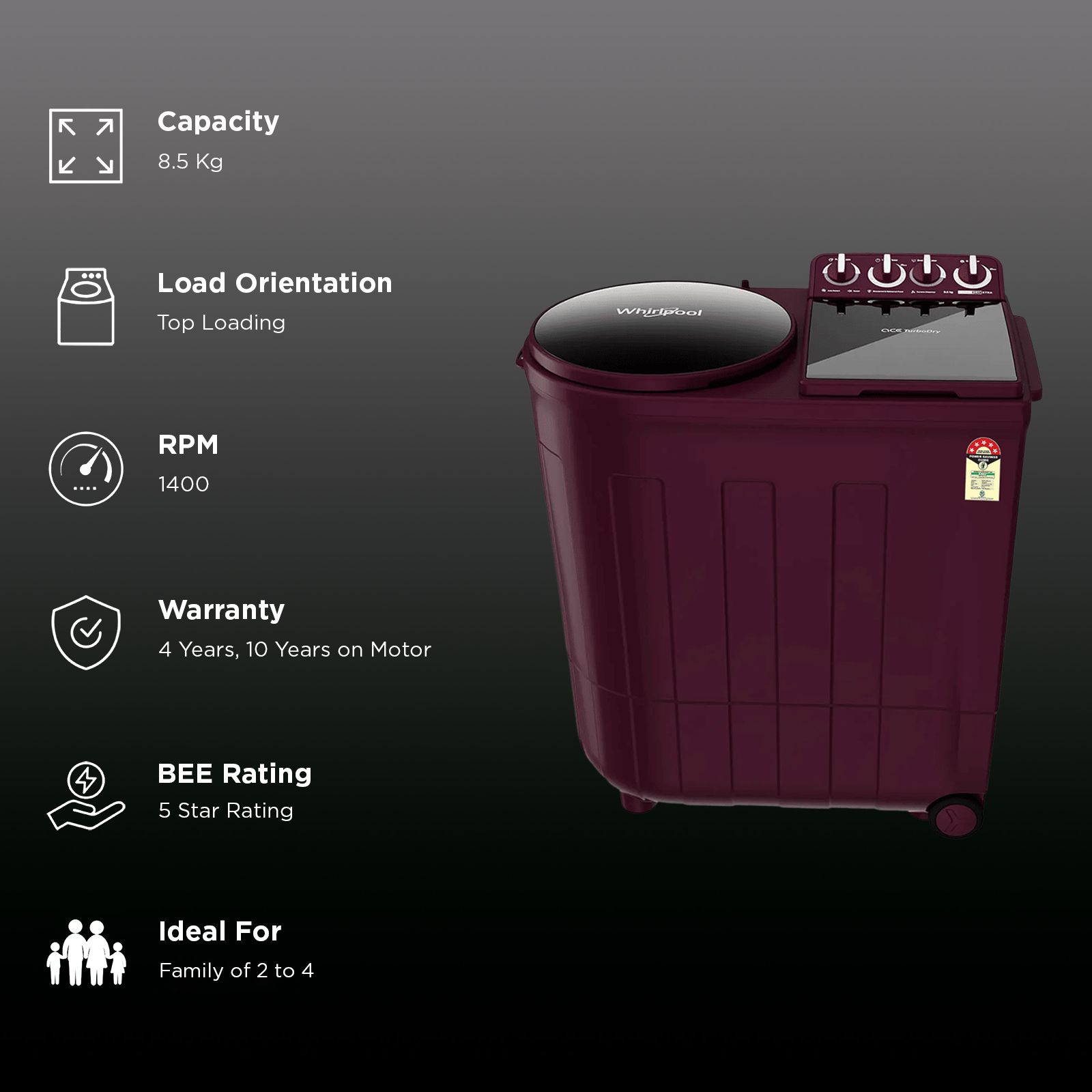 Whirlpool 8.5 kg 5 Star Semi Automatic Washing Machine with Turbo Dry Technology (30351, Wine Dazzle) Whirlpool 8.5 kg 5 Star Semi Automatic Washing Machine with Turbo Dry Technology (30351, Wine Dazzle)_3