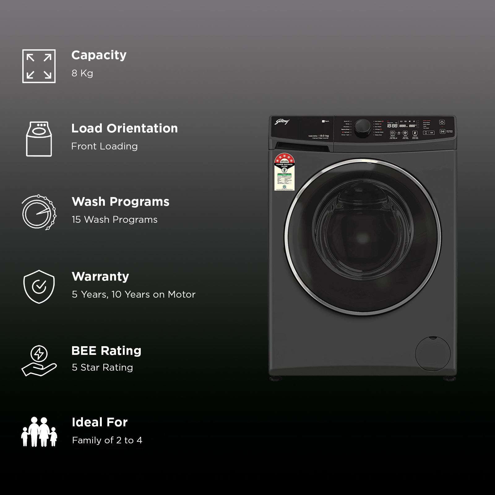 Godrej 8 kg 5 Star Fully Automatic Front Load Washing Machine (Regalis, Zero Pressure Technology, Metallic Black) Godrej 8 kg 5 Star Fully Automatic Front Load Washing Machine (Regalis, Zero Pressure Technology, Metallic Black)_2