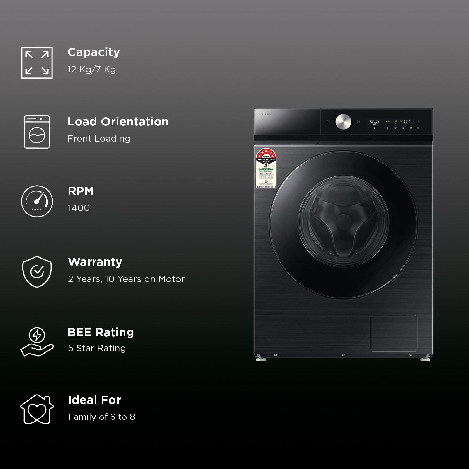 SAMSUNG 12/7 kg 5 Star Wi-Fi Inverter Fully Automatic Front Load Washer Dryer (8 Series, WD12FB8B94GBTL, AI Control Display, Black)_3