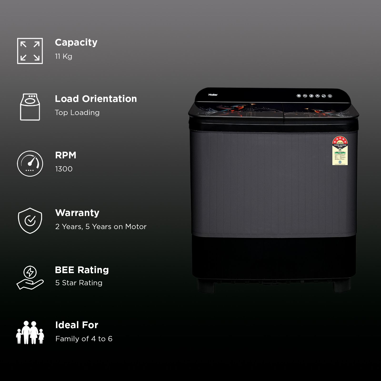 Haier 11 kg 5 Star Semi Automatic Washing Machine with Softfall Techonology (178, HTW110-178FLN, Black) Haier 11 kg 5 Star Semi Automatic Washing Machine with Softfall Techonology (178, HTW110-178FLN, Black)_2