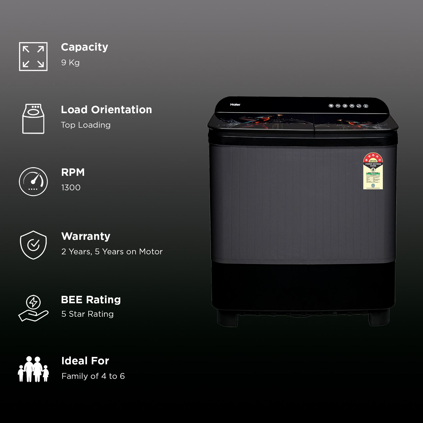 Haier 9 kg 5 Star Semi Automatic Washing Machine with Softfall Techonology (178, HTW90-178FLN, Black) Haier 9 kg 5 Star Semi Automatic Washing Machine with Softfall Techonology (178, HTW90-178FLN, Black)_2