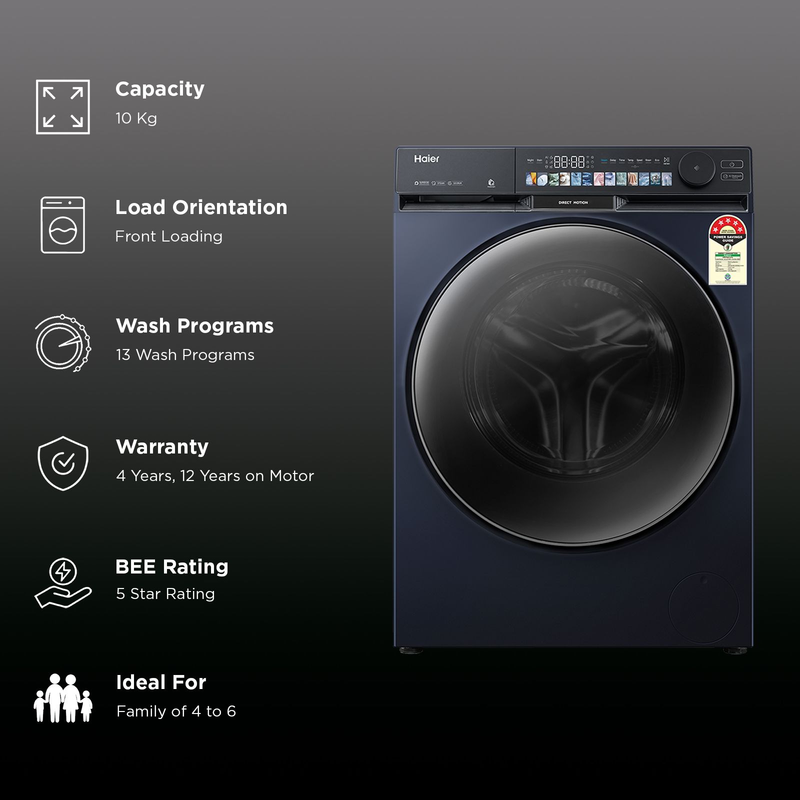 Haier 10 kg 5 Star Wi-Fi Fully Automatic Front Load Washing Machine (F9P, HW100-DM14F9PBKU1, Direct Motion Motor, Black) Haier 10 kg 5 Star Wi-Fi Fully Automatic Front Load Washing Machine (F9P, HW100-DM14F9PBKU1, Direct Motion Motor, Black)_2
