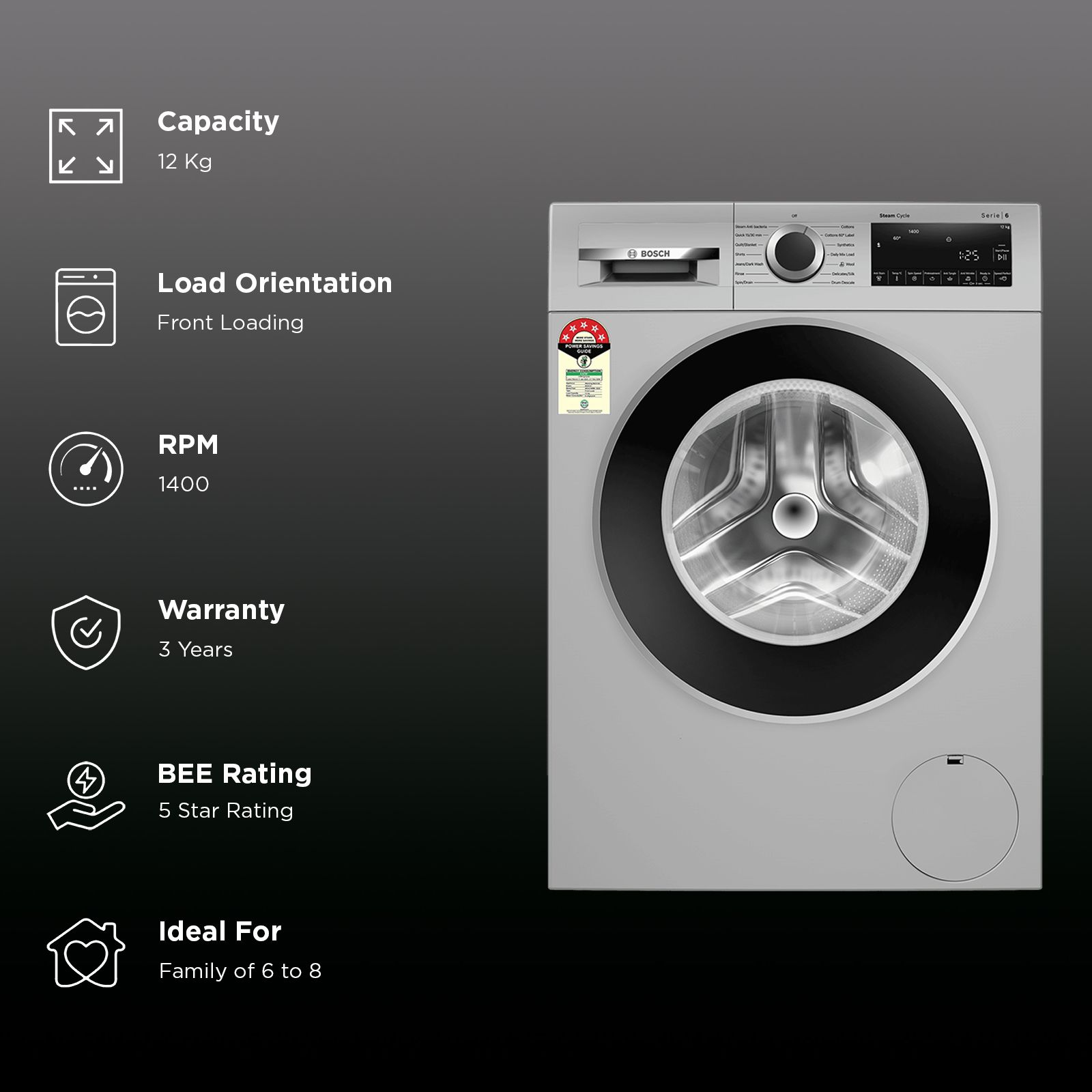 BOSCH 12 kg 5 Star Fully Automatic Front Load Washing Machine (Series 6, WGA2740SIN, EcoSilence Drive, Silver) BOSCH 12 kg 5 Star Fully Automatic Front Load Washing Machine (Series 6, WGA2740SIN, EcoSilence Drive, Silver)_2
