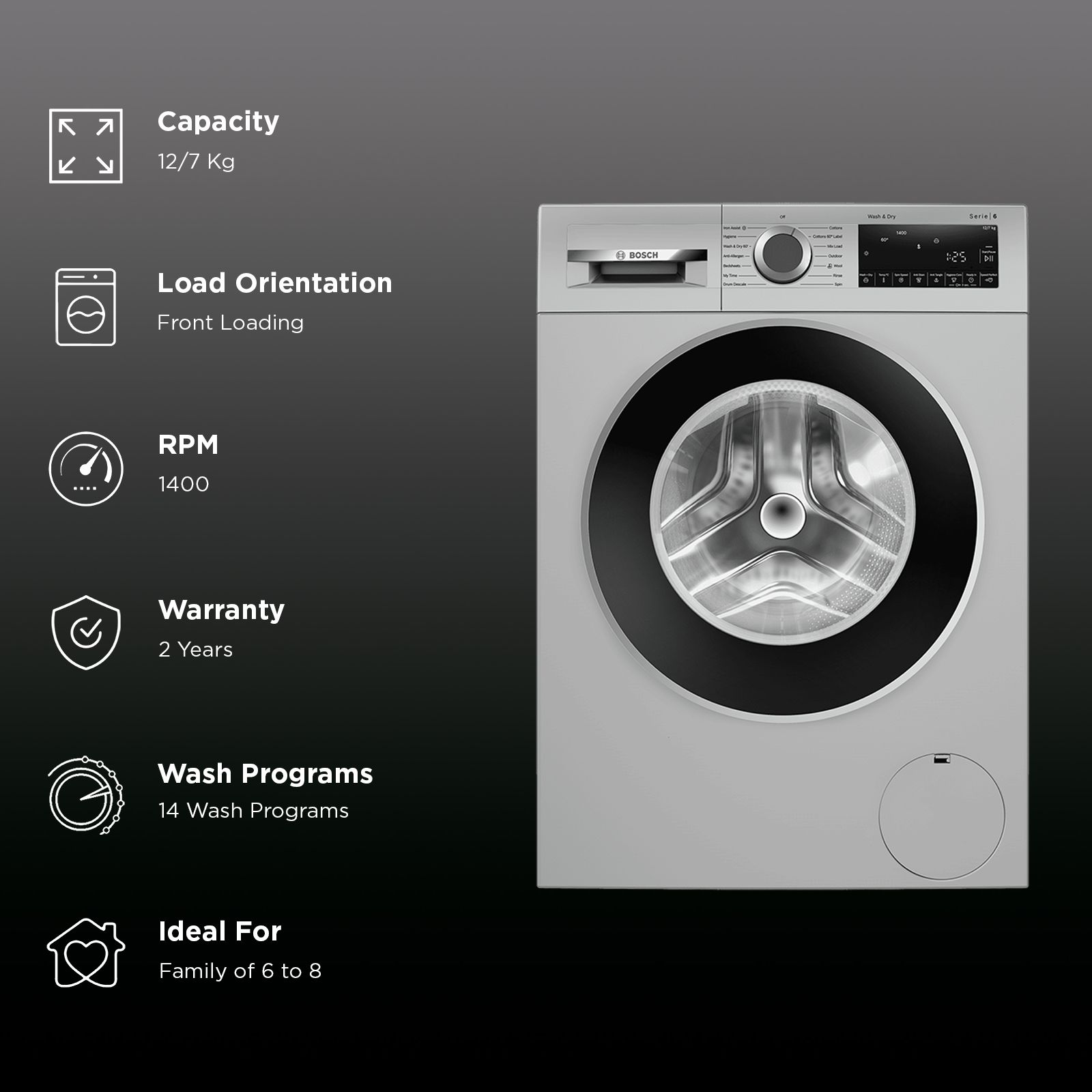 Bosch 12/7 kg Fully Automatic Front Load Washer Dryer (Series 6, WNA2740SIN, EcoSilence Drive, Silver)_2