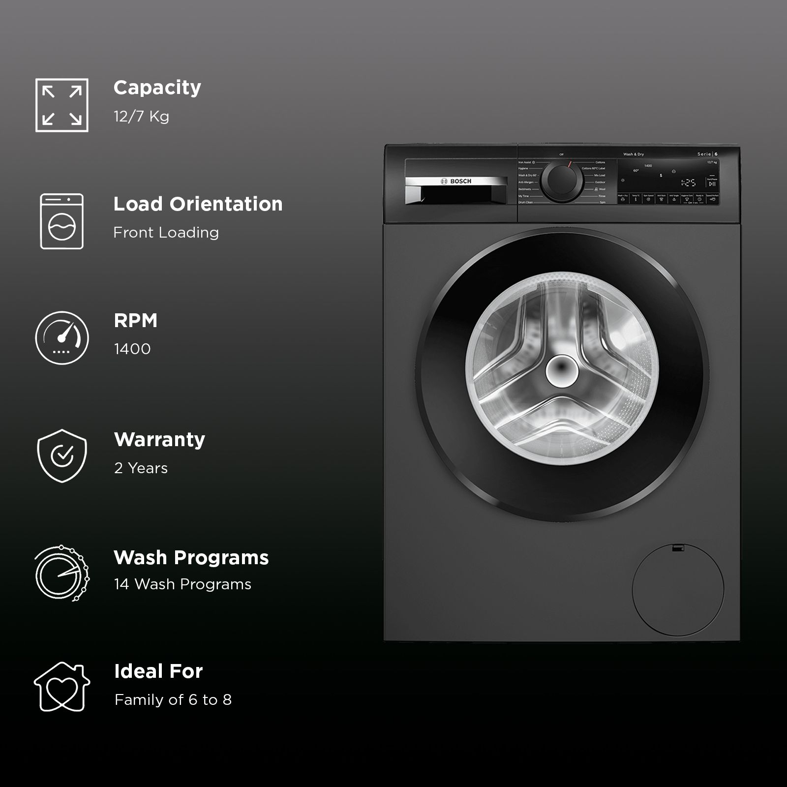 Bosch 12/7 kg Fully Automatic Front Load Washer Dryer (Series 6, WNA2740RIN, EcoSilence Drive, Cast Iron Grey)_2