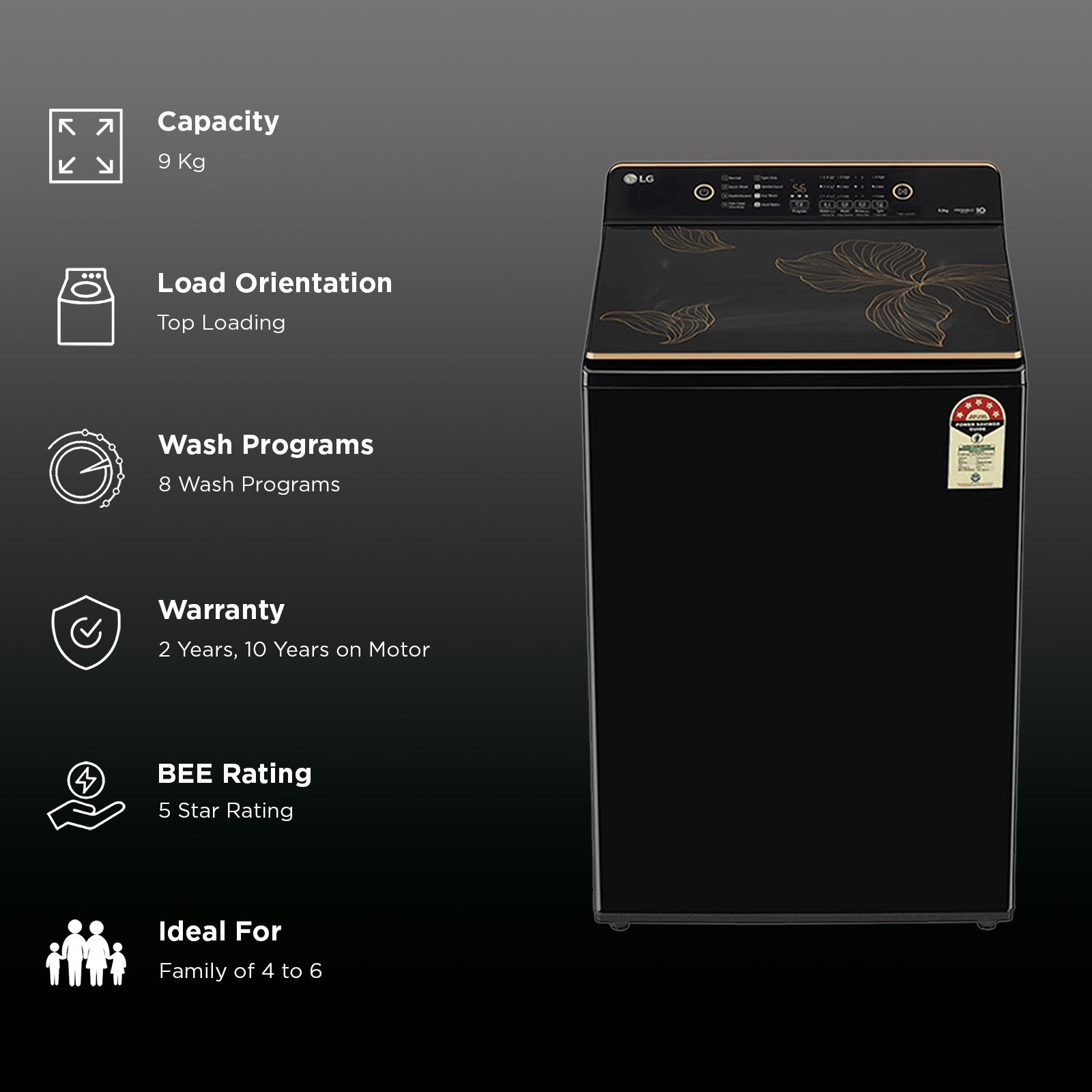 LG 9 kg 5 Star Fully Automatic Top Load Washing Machine (Essential, T90KMOB1Z, ProShield Motor, Onyx Black) LG 9 kg 5 Star Fully Automatic Top Load Washing Machine (Essential, T90KMOB1Z, ProShield Motor, Onyx Black)_2