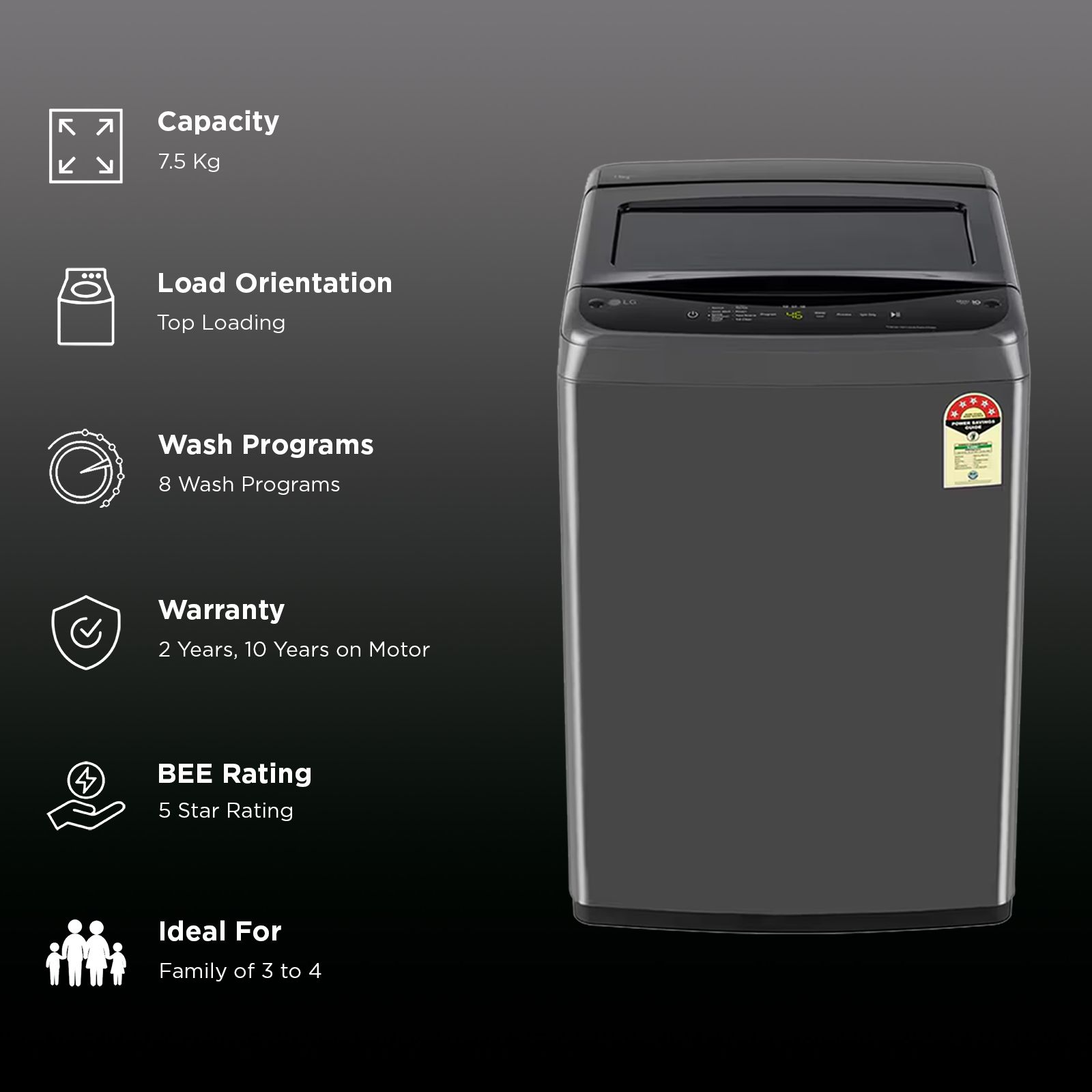 LG 7.5 kg 5 Star Inverter Fully Automatic Top Load Washing Machine (VBT, T75VBMB1Z, Smart Inverter Technology, Middle Black) LG 7.5 kg 5 Star Inverter Fully Automatic Top Load Washing Machine (VBT, T75VBMB1Z, Smart Inverter Technology, Middle Black)_2