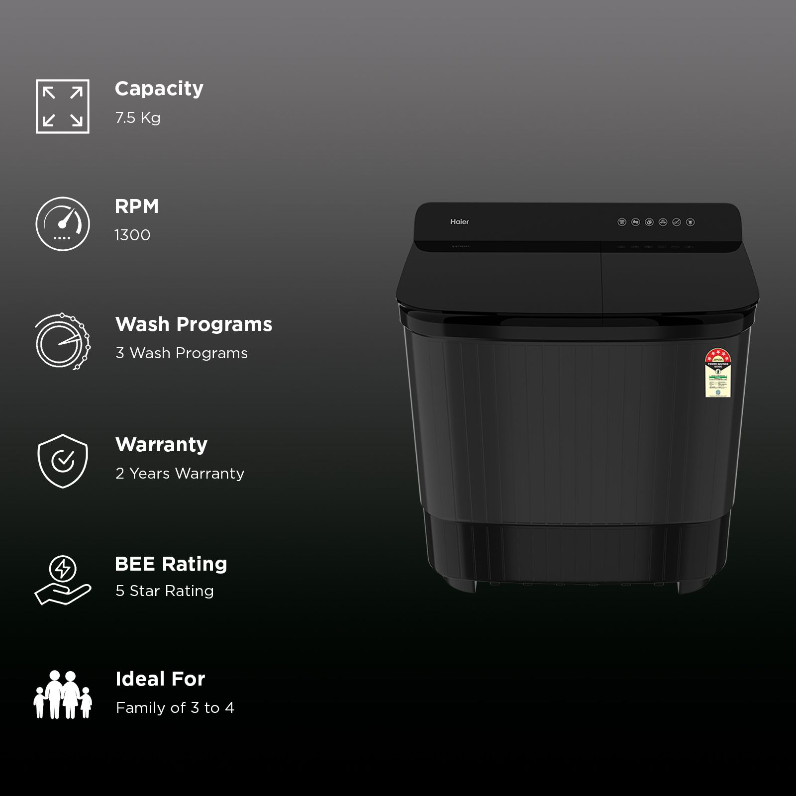 Haier 7.5 kg 5 Star Semi Automatic Washing Machine with Magic Filter (HTW75-178BBK, Black)_2