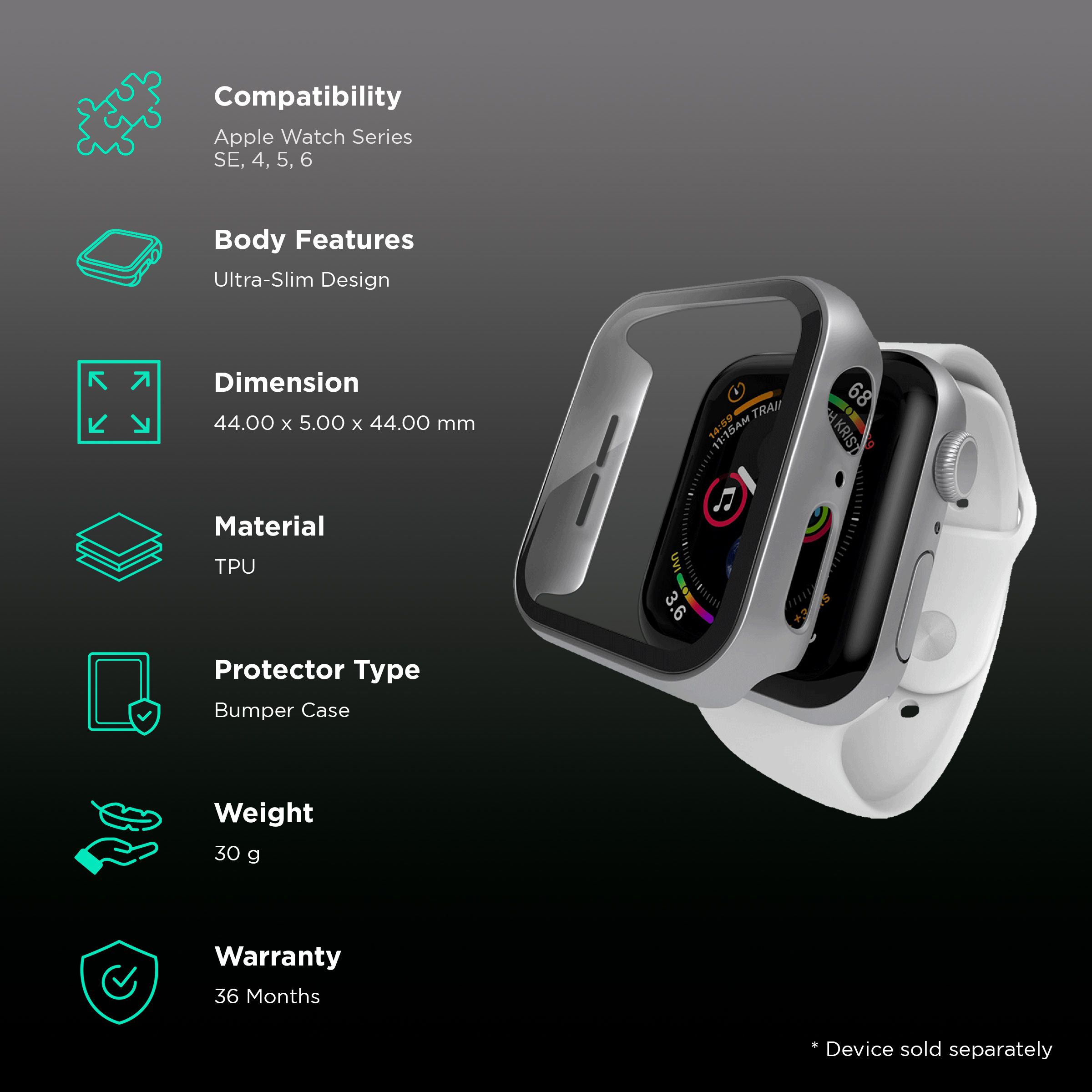 Hyphen DEFENDR TPU Bumper Case for Apple Watch Series SE, 4, 5 & 6 (40mm) (Touch Sensitive Tempered Glass, Silver)_2