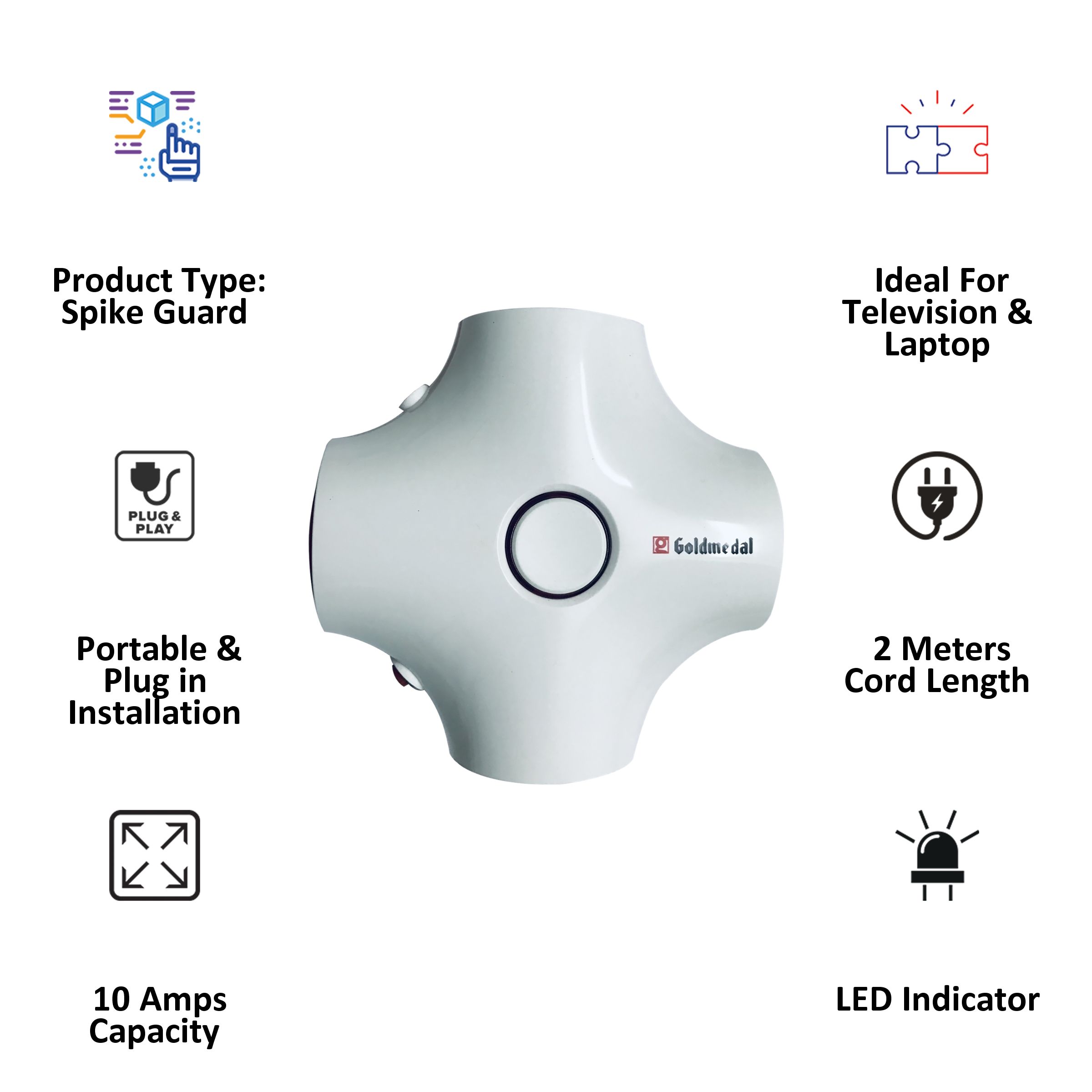 Goldmedal Curve Plus 10 Amp 4 Sockets Spike Guard With Individual Switch 2 Meters (LED Indicator, 205108, White/Red)_3
