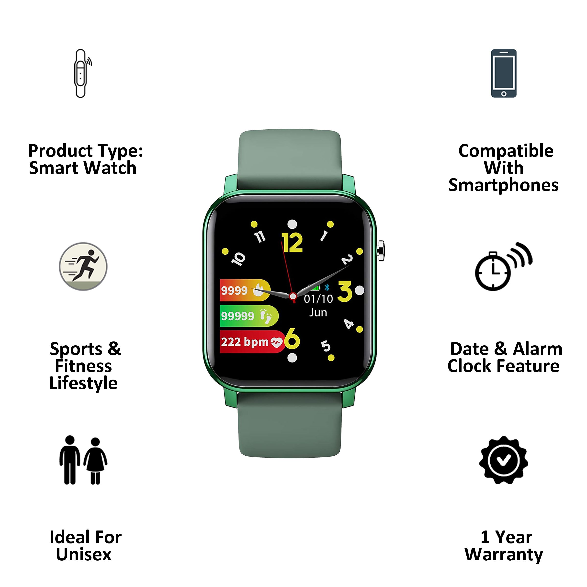 GIZmore Gizfit 908 Smartwatch (35.56mm) (Full-Touch Colour Display, Black/Olive Green, Sport Band)_5