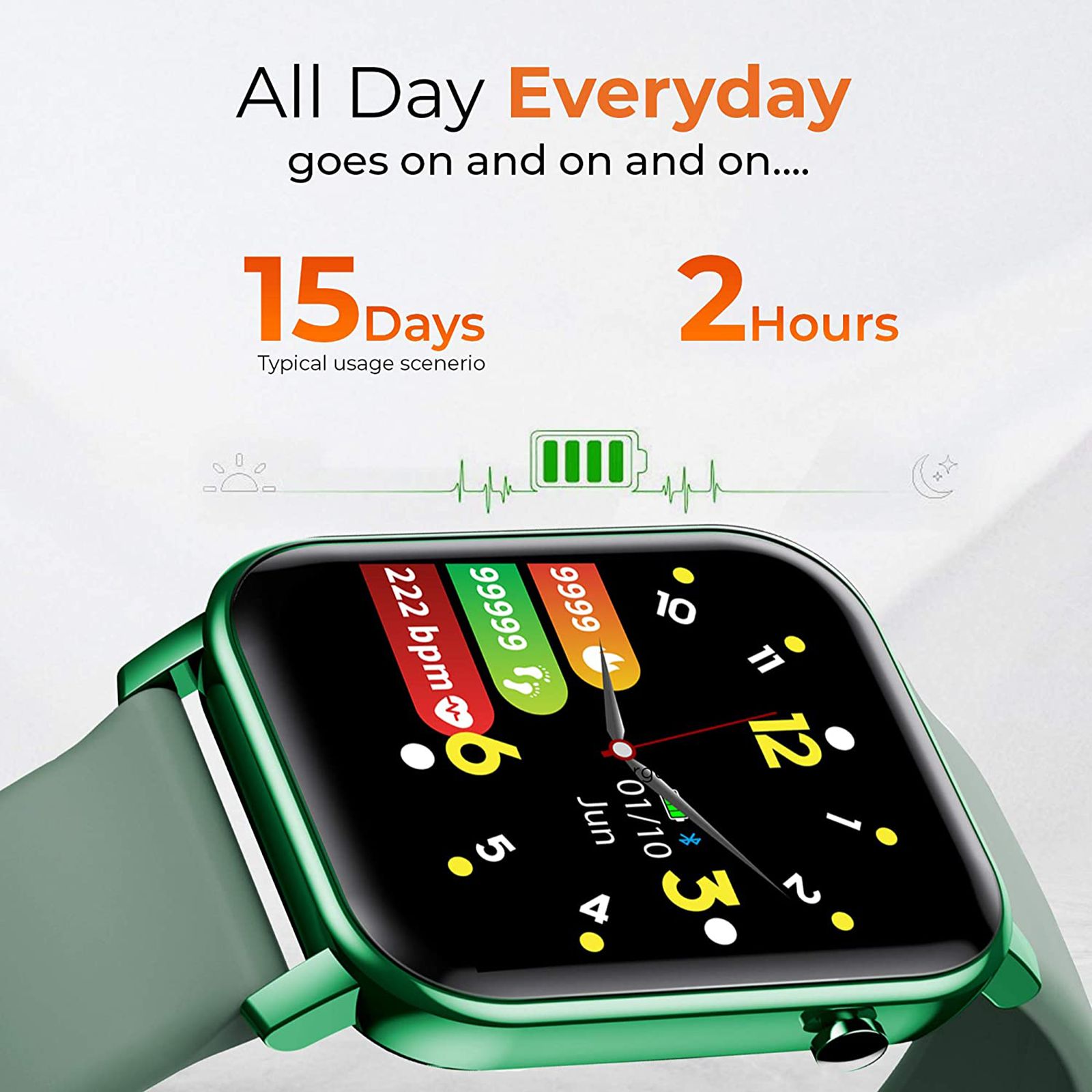 GIZmore Gizfit 908 Smartwatch (35.56mm) (Full-Touch Colour Display, Black/Olive Green, Sport Band)_6