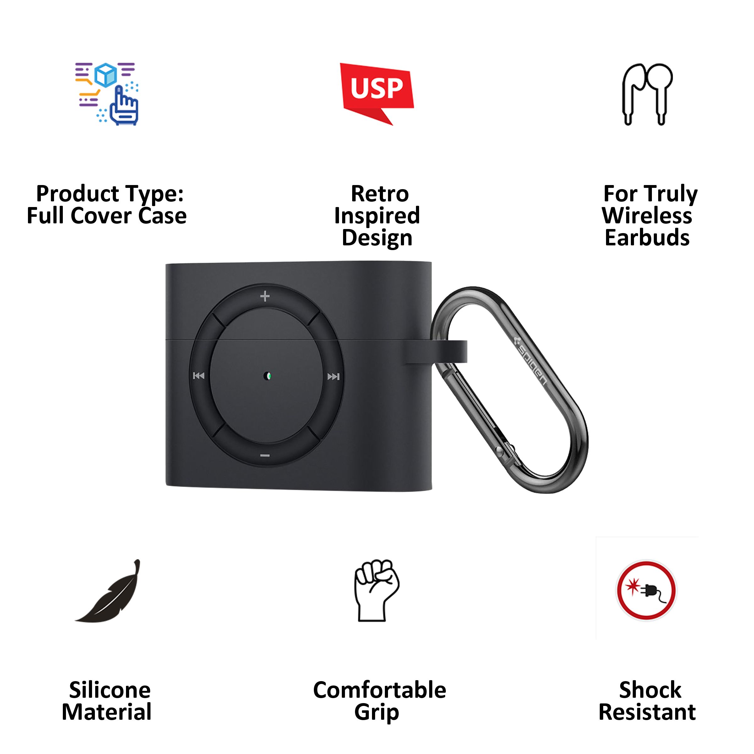spigen Classic Shuffle Silicone Full Case Cover for Apple AirPods Pro (Retro Inspired Design, Charcoal) spigen Classic Shuffle Silicone Full Case Cover for Apple AirPods Pro (Retro Inspired Design, Charcoal)_8