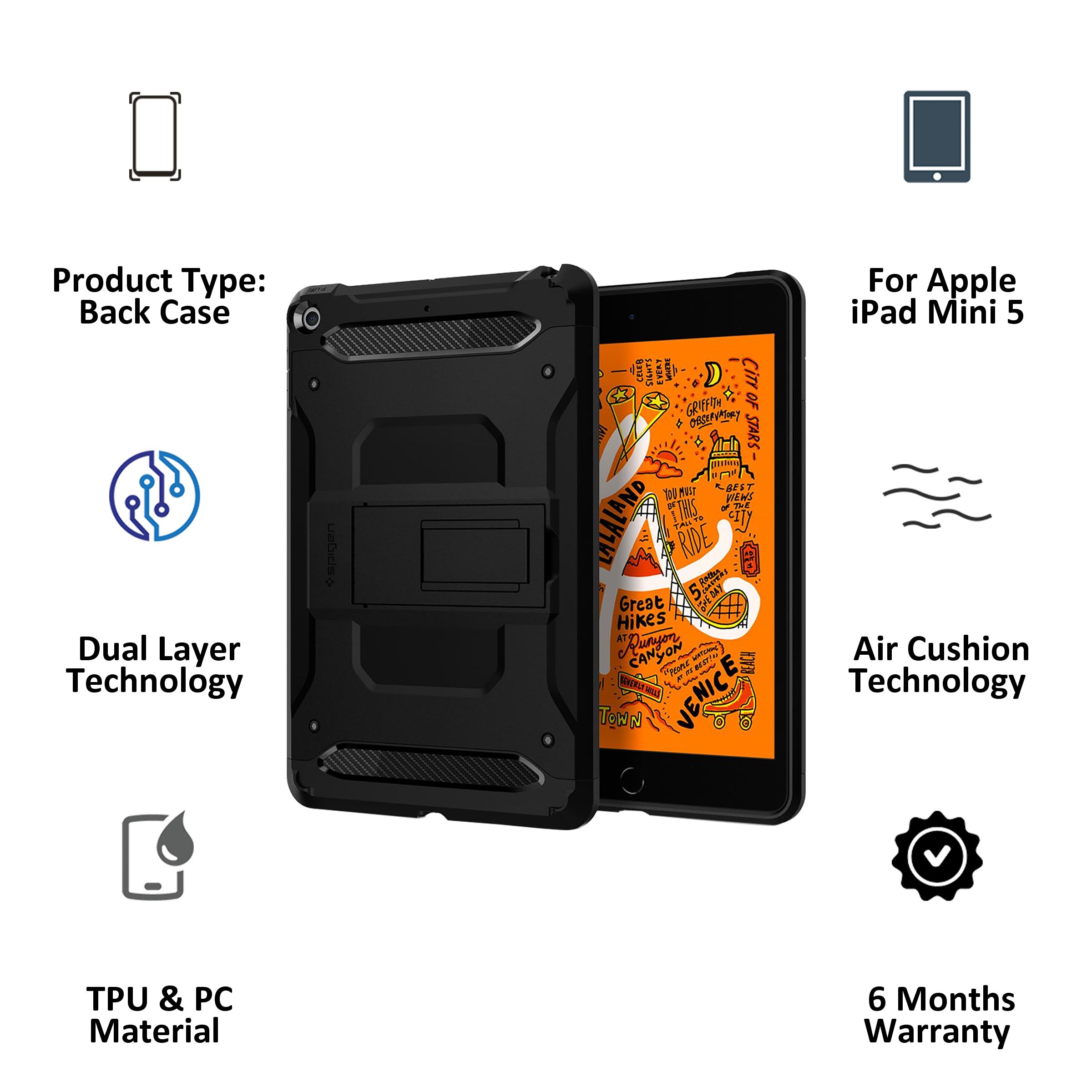 spigen Tough Armor TECH Polycarbonate Back Cover for Apple iPad Mini 5 (Shock Absorption, Black) spigen Tough Armor TECH Polycarbonate Back Cover for Apple iPad Mini 5 (Shock Absorption, Black)_4