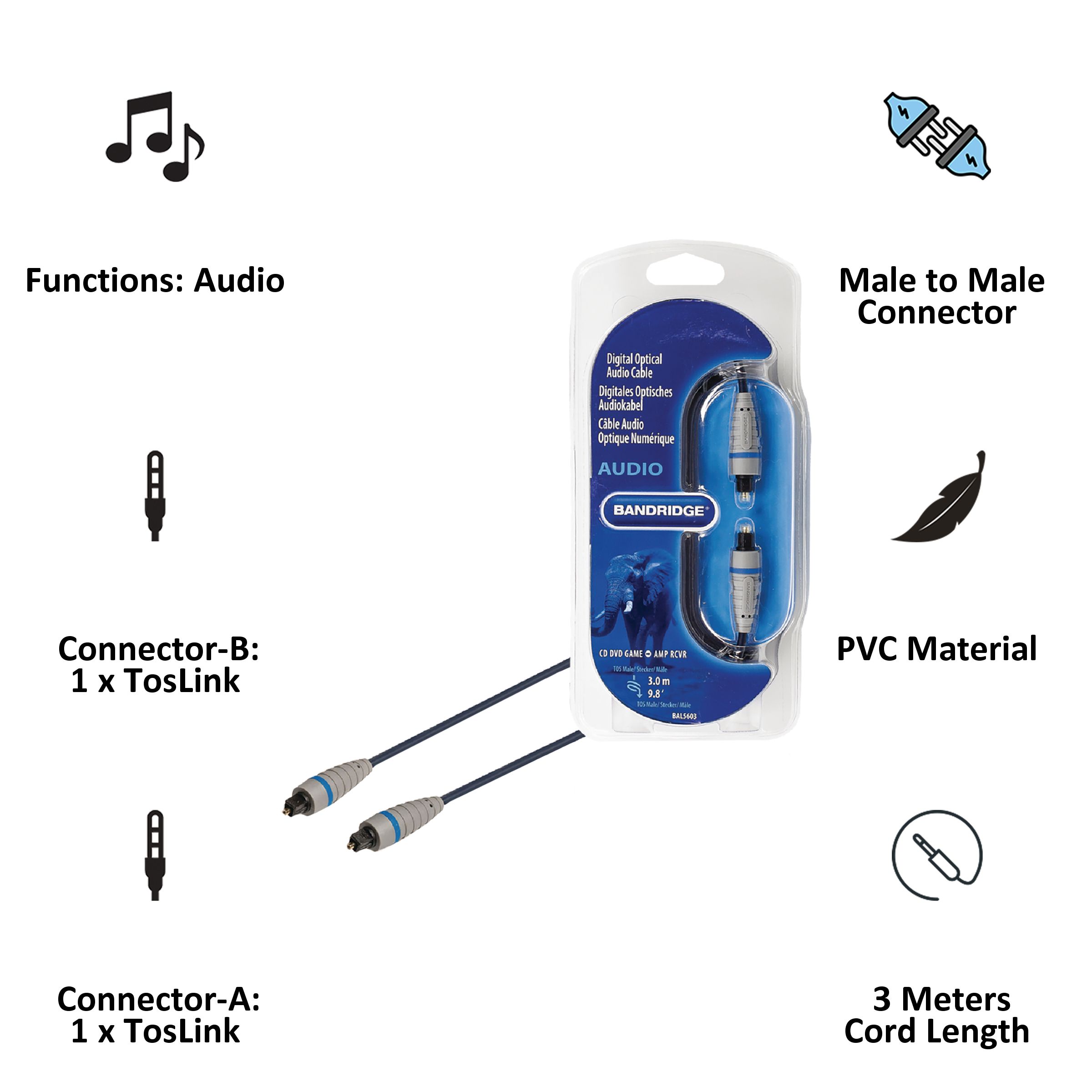 Bandridge BAL5603 PVC 3 Meter TosLink to TosLink Audio Cable (Cable Speed: 1000 Mbps, Blue) Bandridge BAL5603 PVC 3 Meter TosLink to TosLink Audio Cable (Cable Speed: 1000 Mbps, Blue)_4