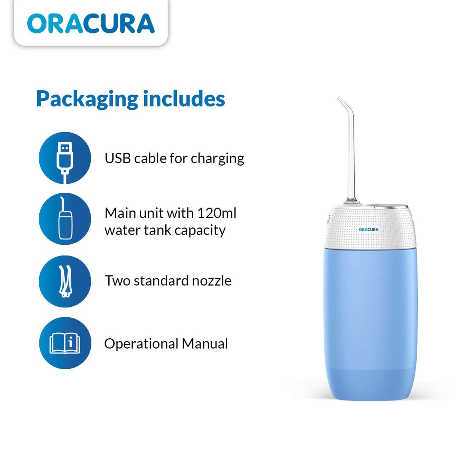 ORACURA Compact Dental Flosser with 2 Jet Tips (120ml Water Tank, Low Noise Design, Blue)_5