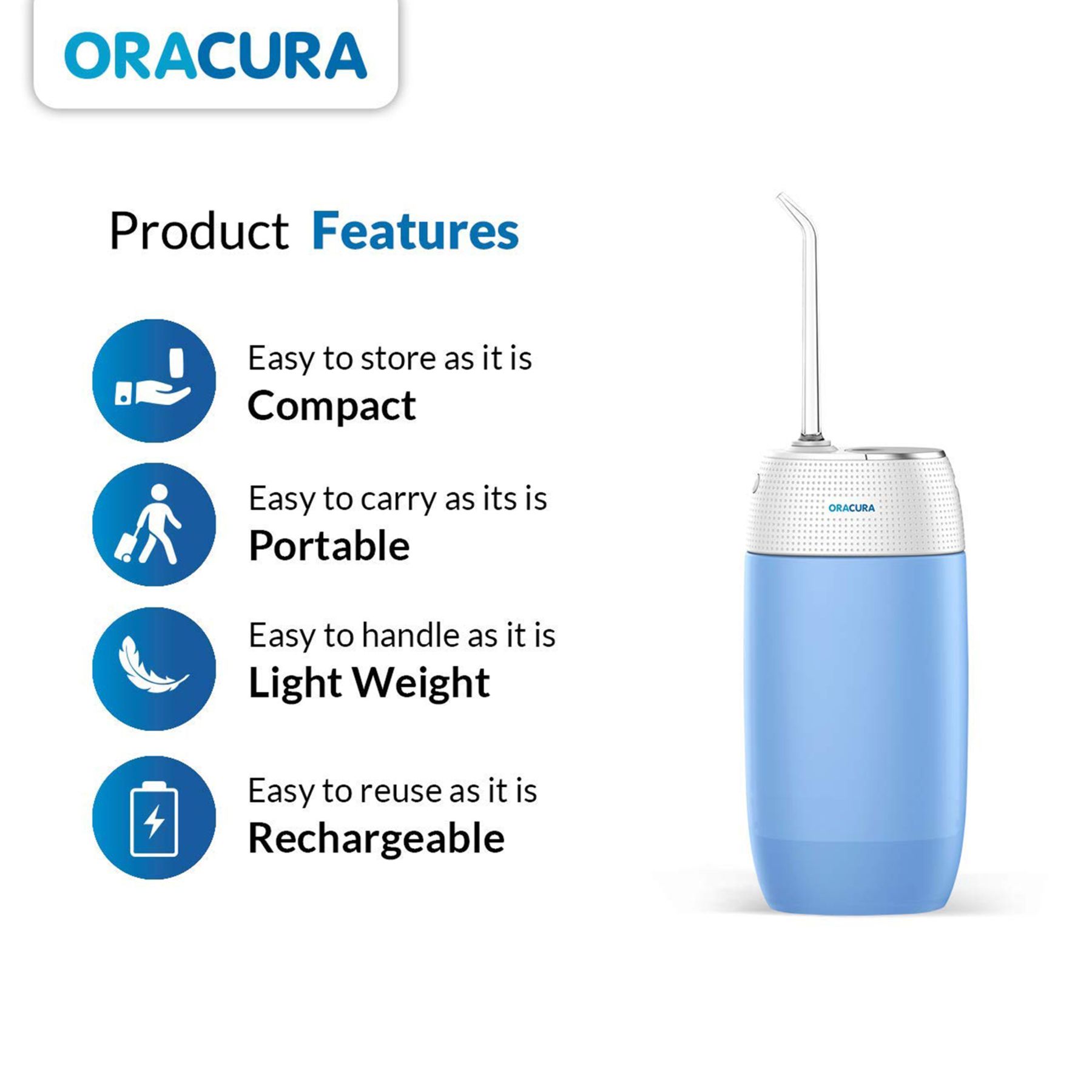 ORACURA Compact Dental Flosser with 2 Jet Tips (120ml Water Tank, Low Noise Design, Blue)_6