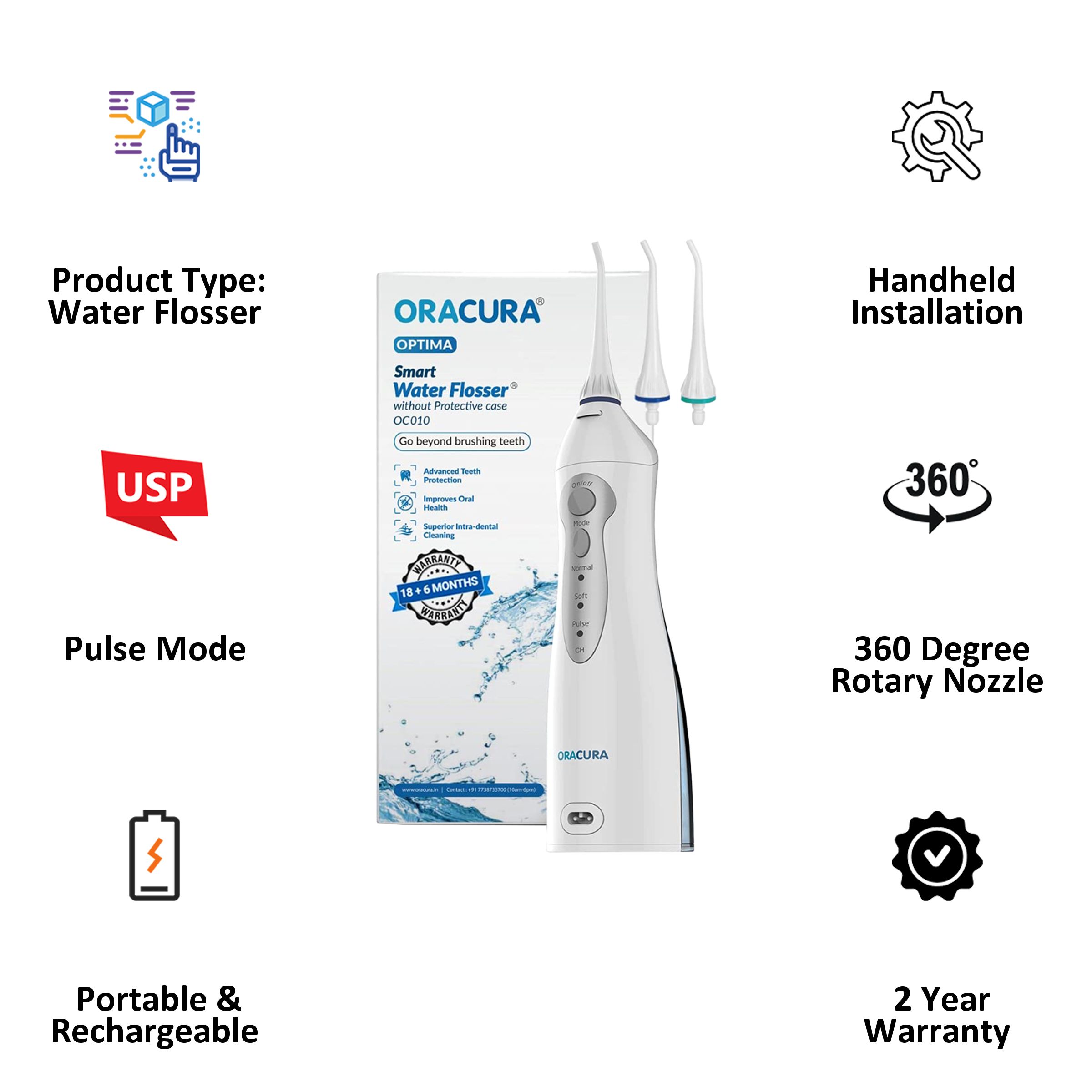 ORACURA Water Flosser For Unisex (Portable & Rechargeable, OC010, White) ORACURA Water Flosser For Unisex (Portable & Rechargeable, OC010, White)_3