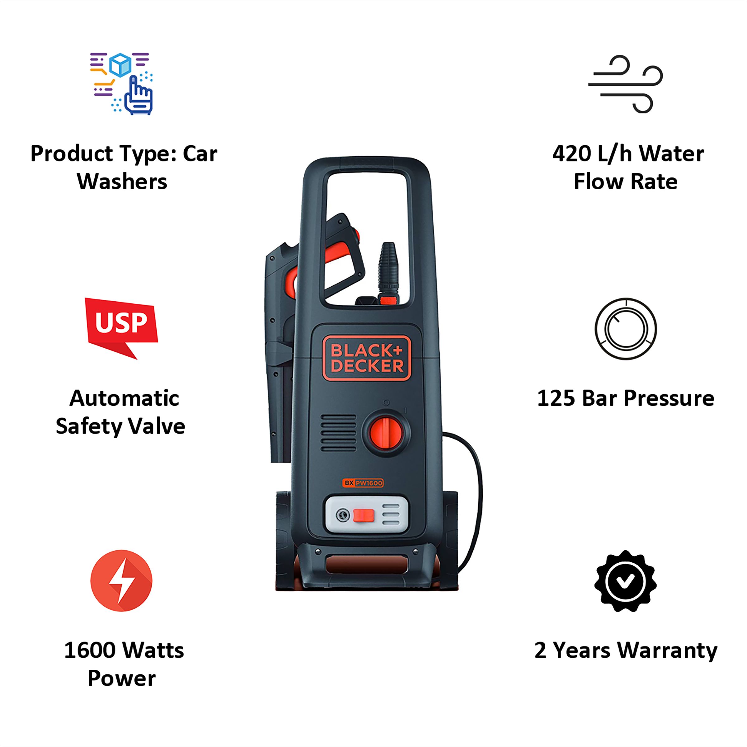BLACK+DECKER Car Washer for Car wash (Automatic Safety Valve, BXPW1600E-B5, Orange/Black)_5