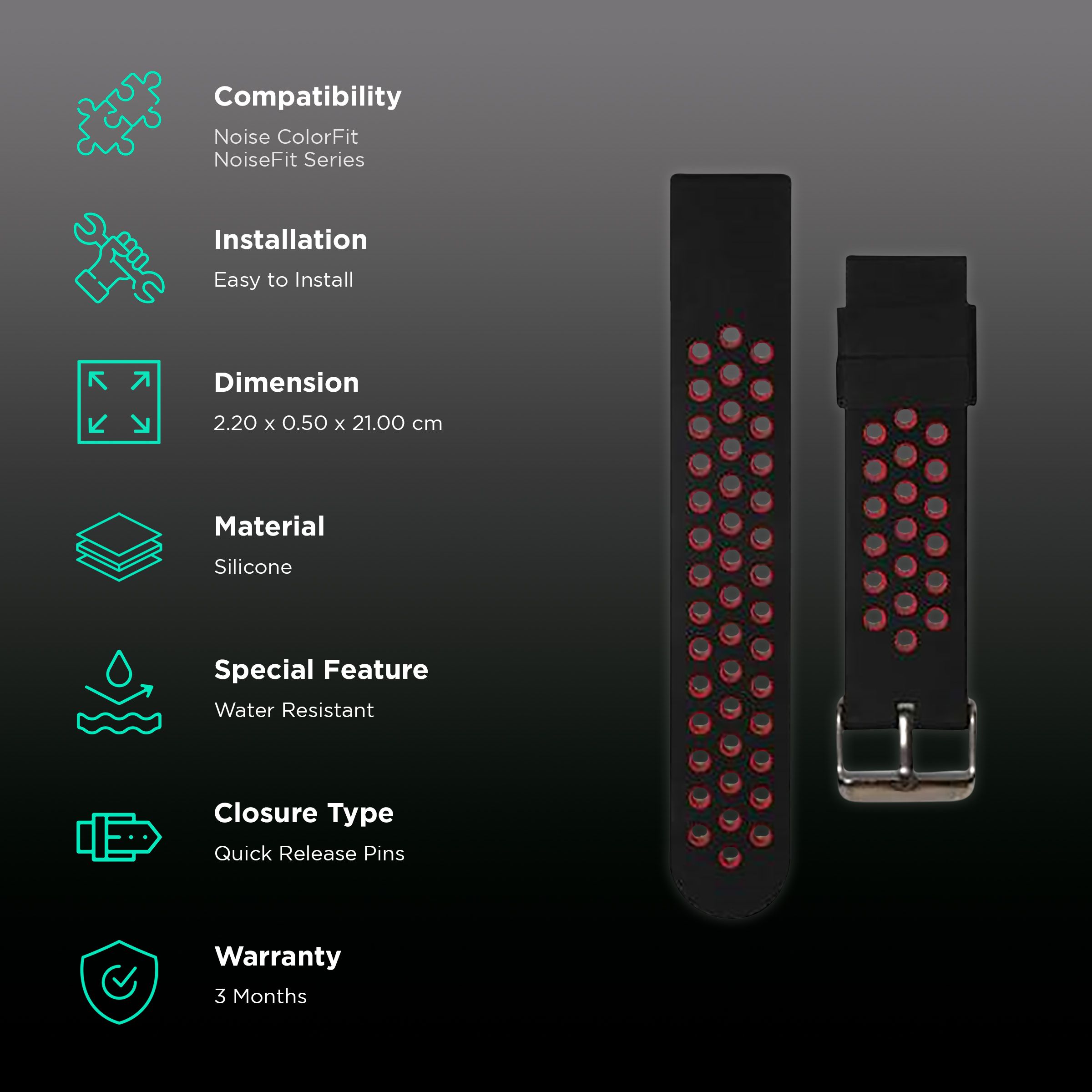 Noise Sports Edition Silicone Sport Strap for Noise ColorFit & NoiseFit (22mm) (Lightweight & Rugged, Black/Red) Noise Sports Edition Silicone Sport Strap for Noise ColorFit & NoiseFit (22mm) (Lightweight & Rugged, Black/Red)_2