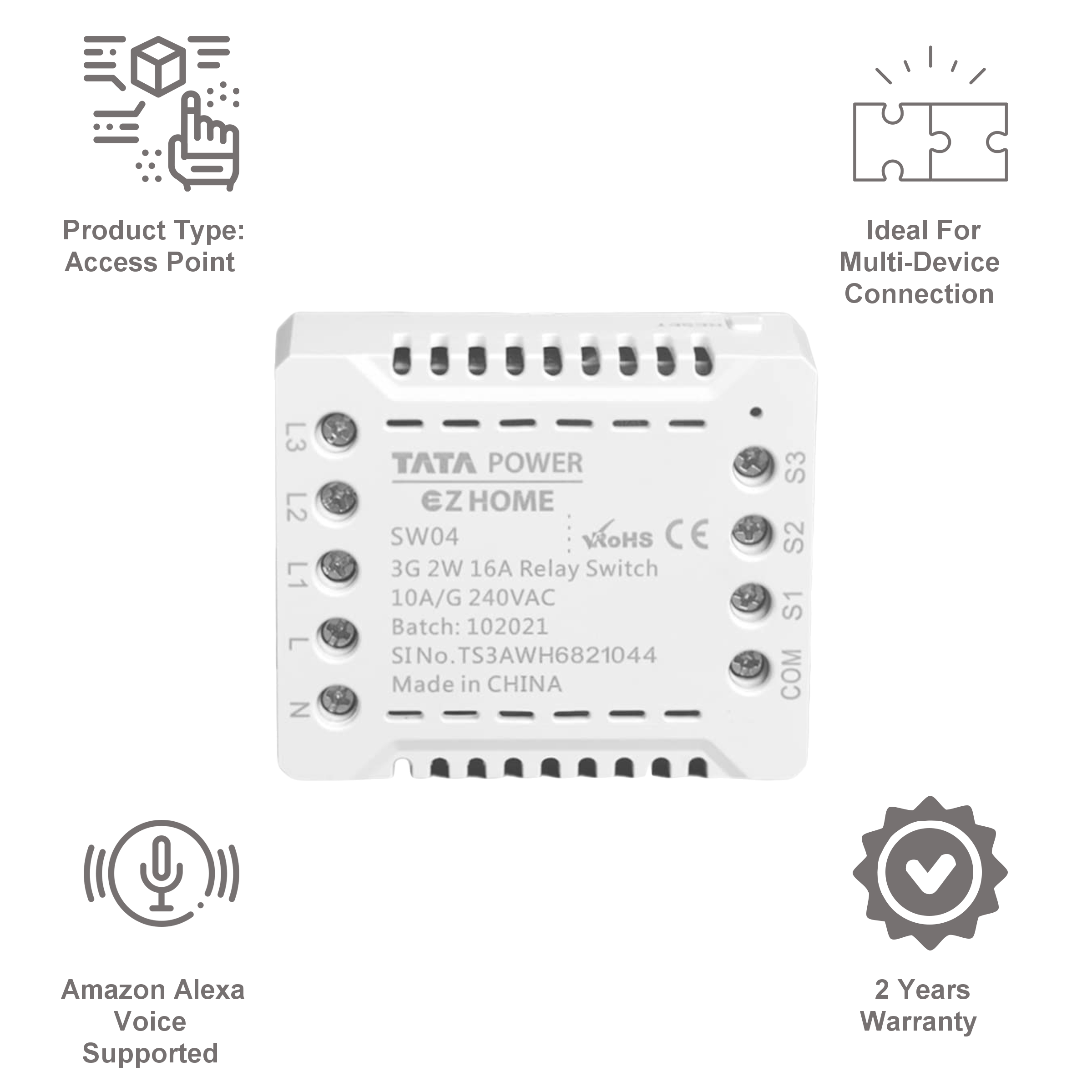 TATA POWER EZ HOME 16 Amps Relay Switch (3 Gang 2-Way, Google and Alexa Voice Assisted, SW04, White)_6