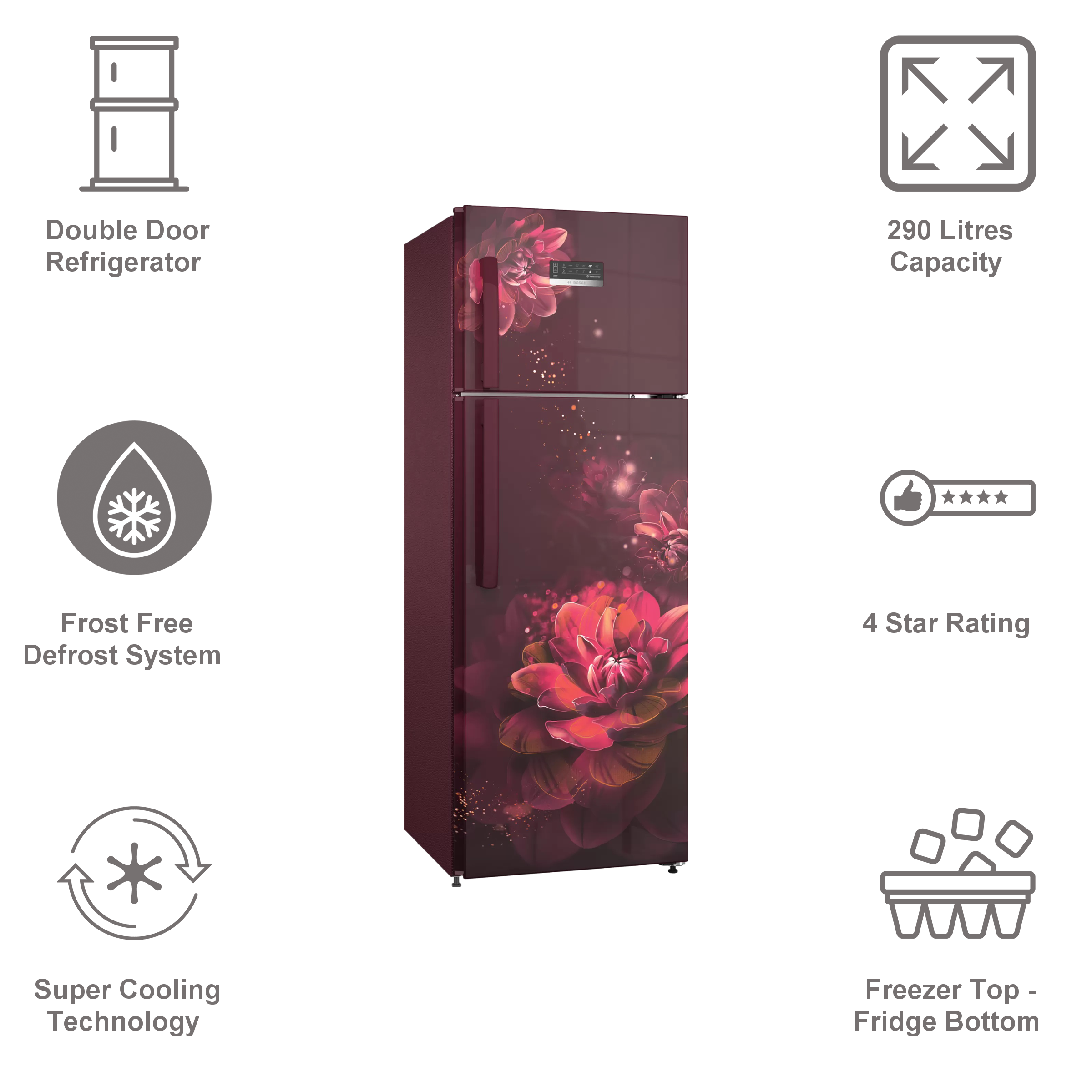 BOSCH Series 4 290 Litres 4 Star Frost Free Double Door Convertible Refrigerator with Temperature Display (CTC29W24EI, Sevian Wine)_11